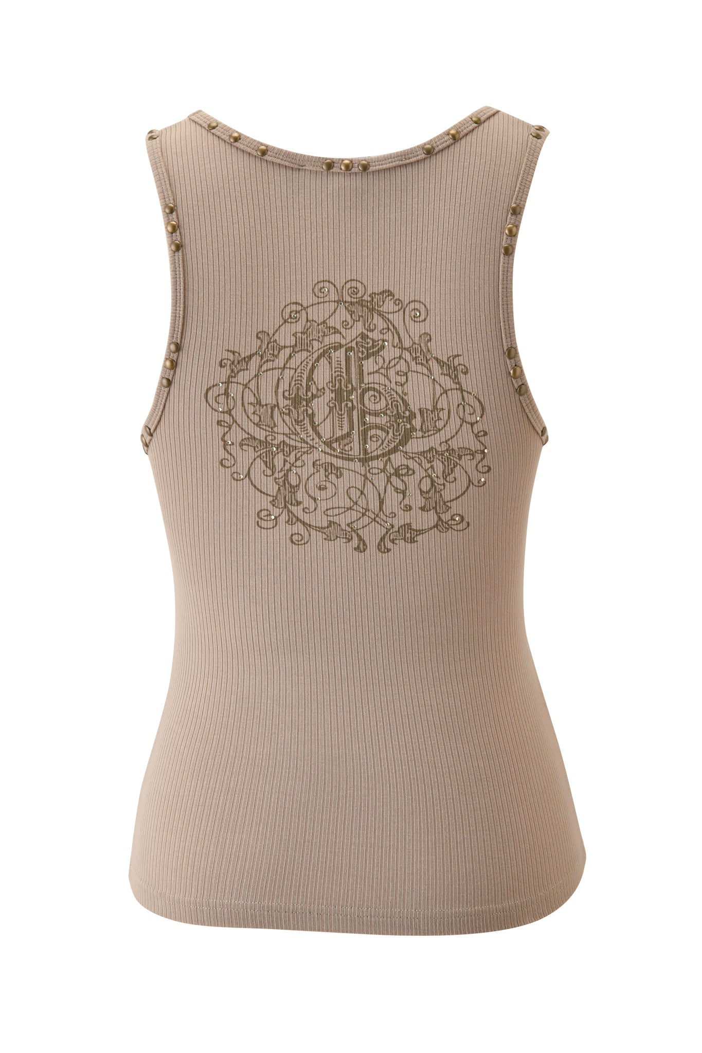The INA TANK - MUSHROOM by I.AM.GIA features a brown ribbed design with gold bead accents on the edges and an ornate gold embroidered back for a bold, signature look.