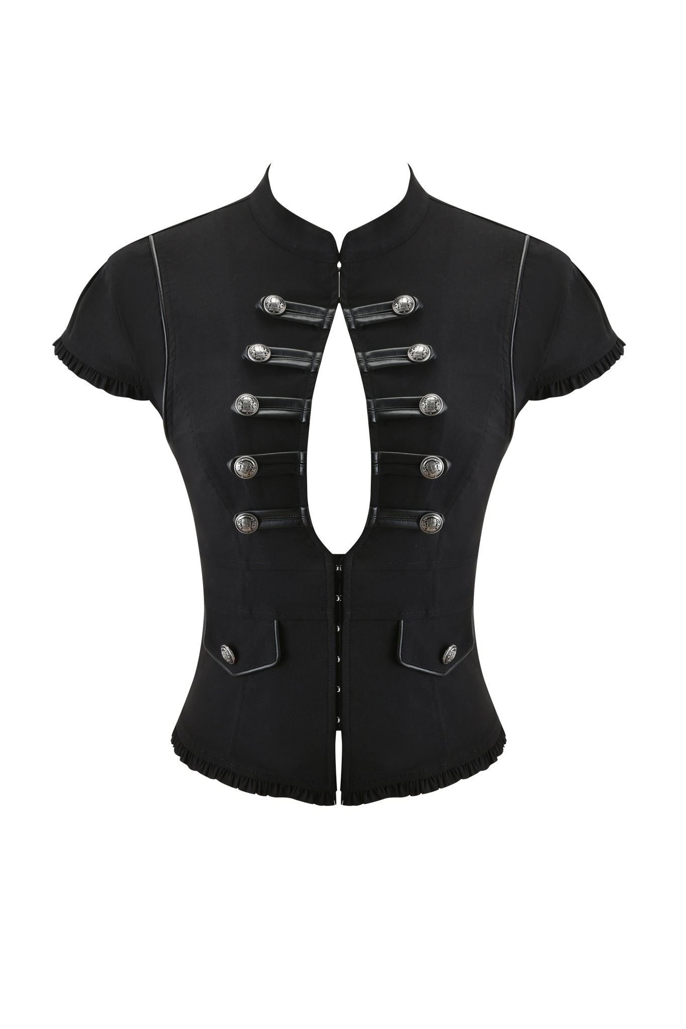 The JET TOP - BLACK by I.AM.GIA is a cap sleeve military-inspired top with decorative silver buttons, black front straps, a fitted waist, and a bold keyhole chest cutout.