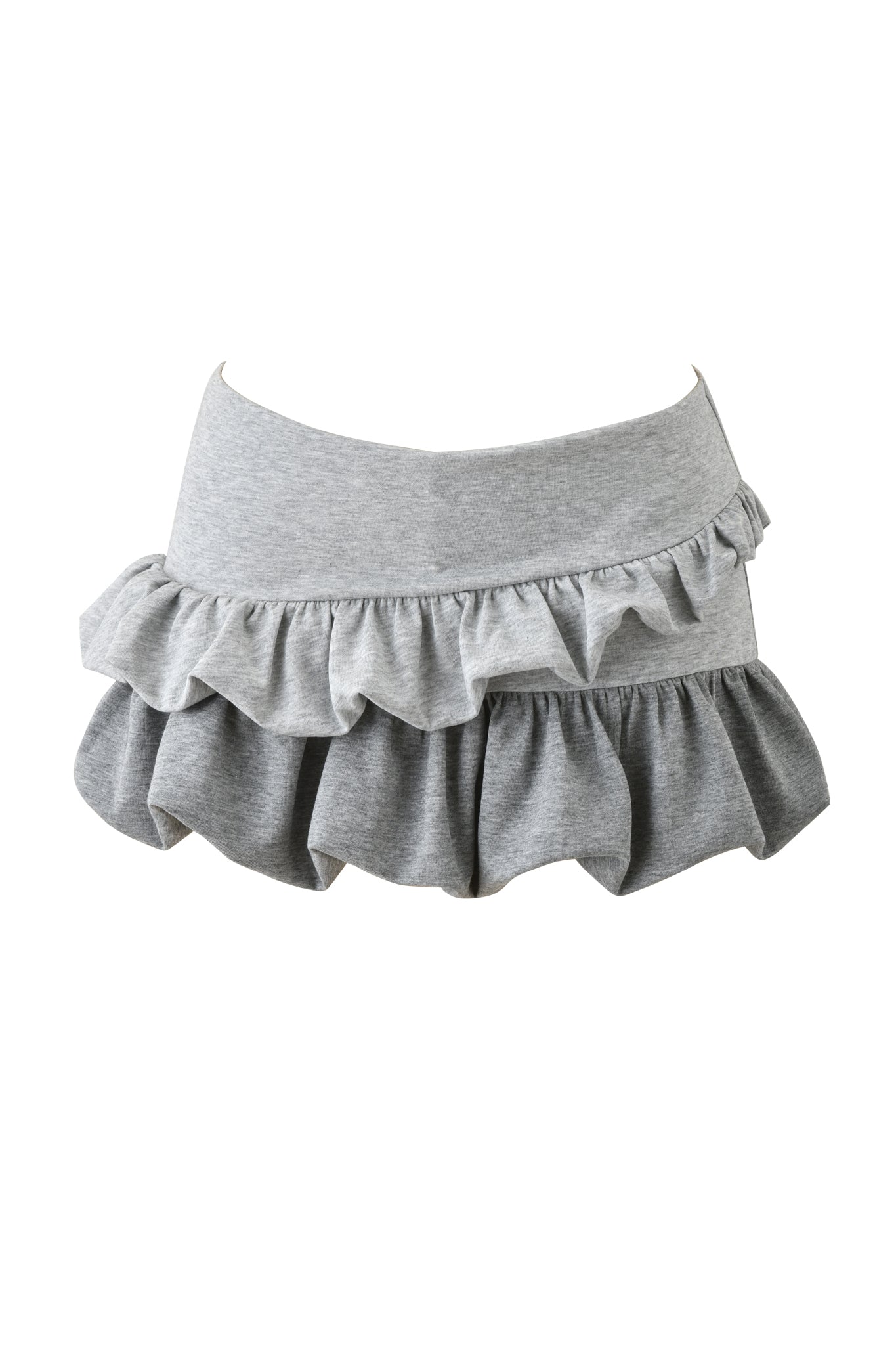 The CHERRI MINI SKIRT - GREY MULTI by I.AM.GIA features short, grey ruffled tiers and a plain waistband, creating a playful, textured bubble mini skirt.