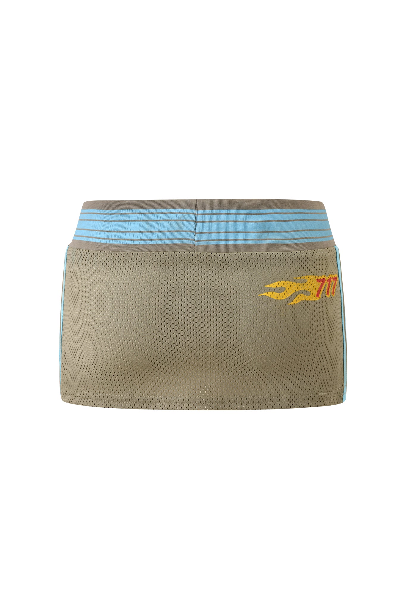 The I.AM.GIA CHANDLER MINI SKORT - GREEN is an army green sport mesh skort with light blue trim on the waistband and sides, featuring a bold yellow and orange "77" graphic on the right.