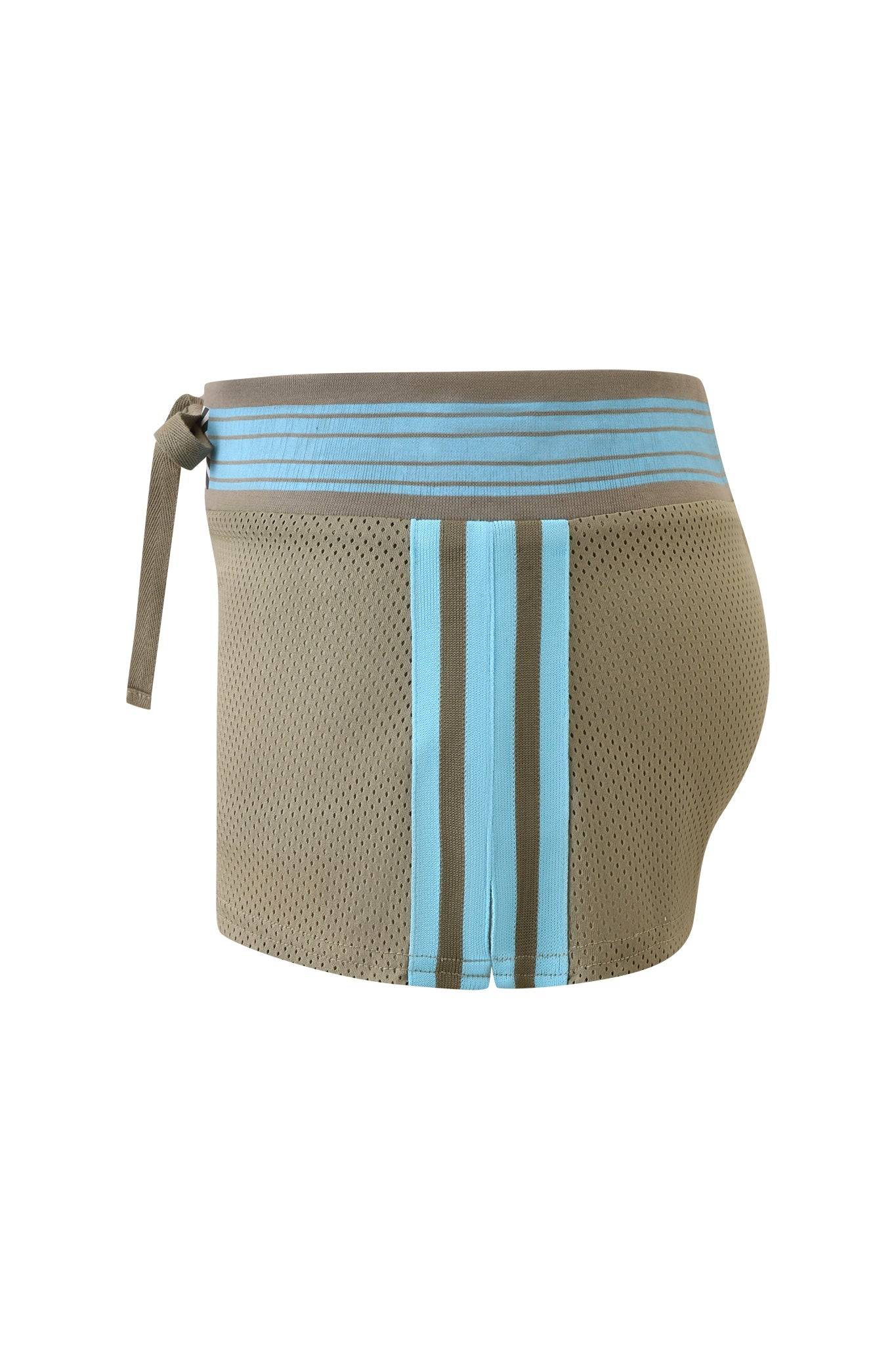 A side view of a khaki mesh maternity support belt with light blue stripes and a tie closure, shown next to the I.AM.GIA CHANDLER MINI SKORT - GREEN, designed for stylish support during pregnancy.