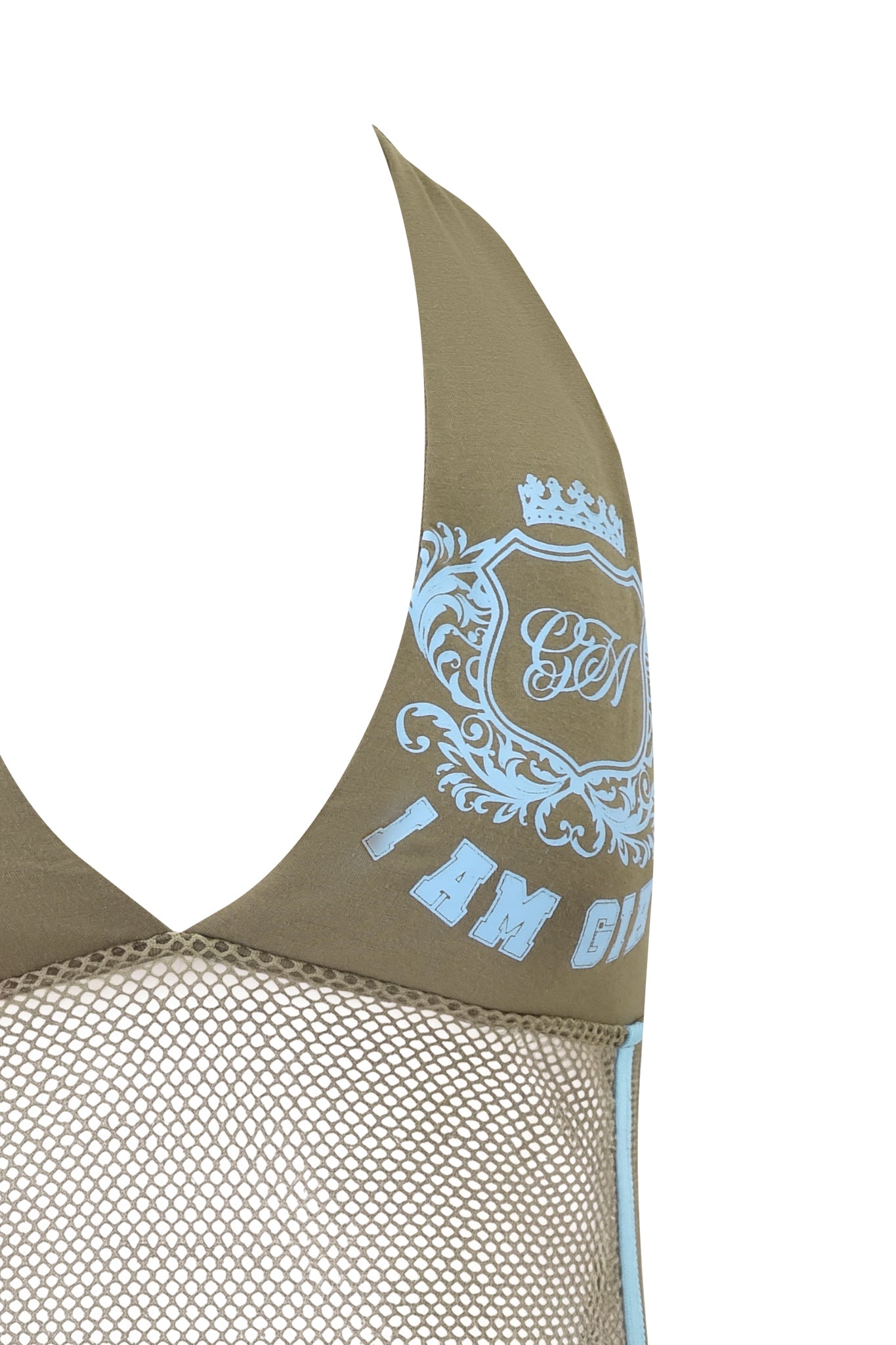 Close-up of the CHANDLER TOP - GREEN by I.AM.GIA: an army green sport mesh halter top with olive-green fabric, light blue baroque print, "I.AM.GIA" text, and a mesh panel below the design.