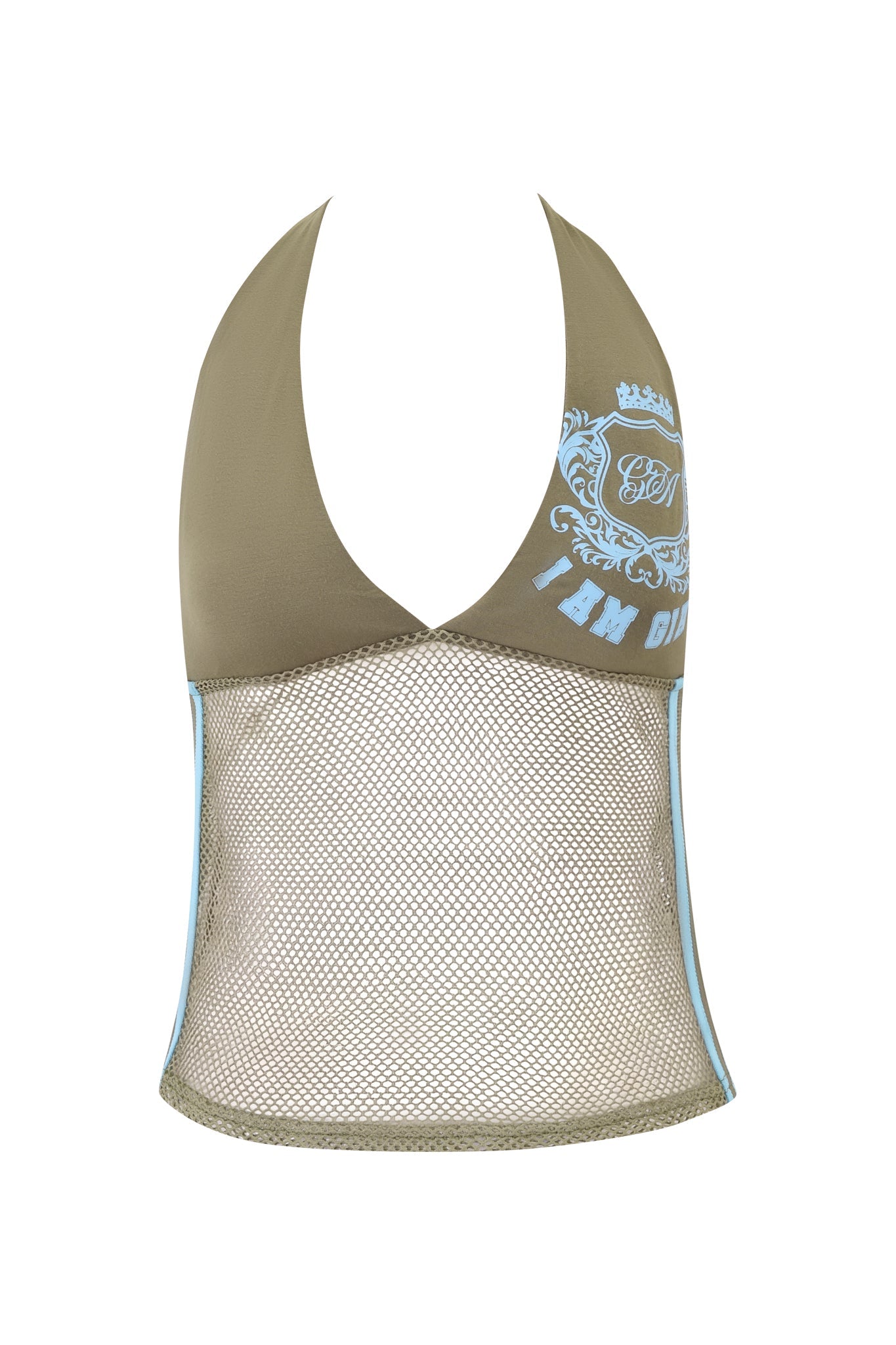 The CHANDLER TOP - GREEN by I.AM.GIA features a khaki army green sport mesh halter design with a deep v-neck, light blue chest graphic and text, sheer fishnet midsection, and light blue piping on the hem and sides.