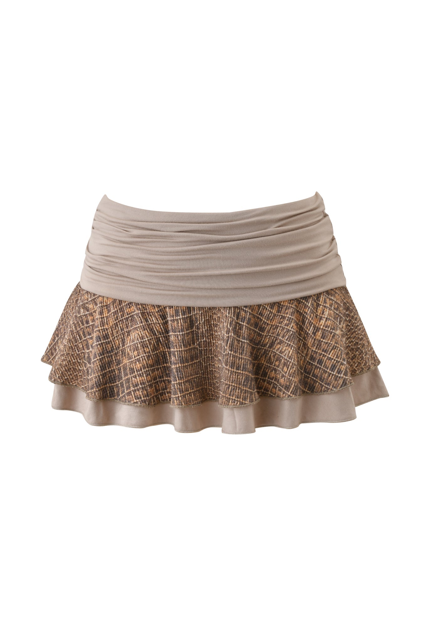 The ECHO WAFFLE MINI SKIRT - REPTILIA by I.AM.GIA is a beige mini skirt featuring a ruched waistband, layered ruffle hem, and a brown reptilia pattern on the lower half.