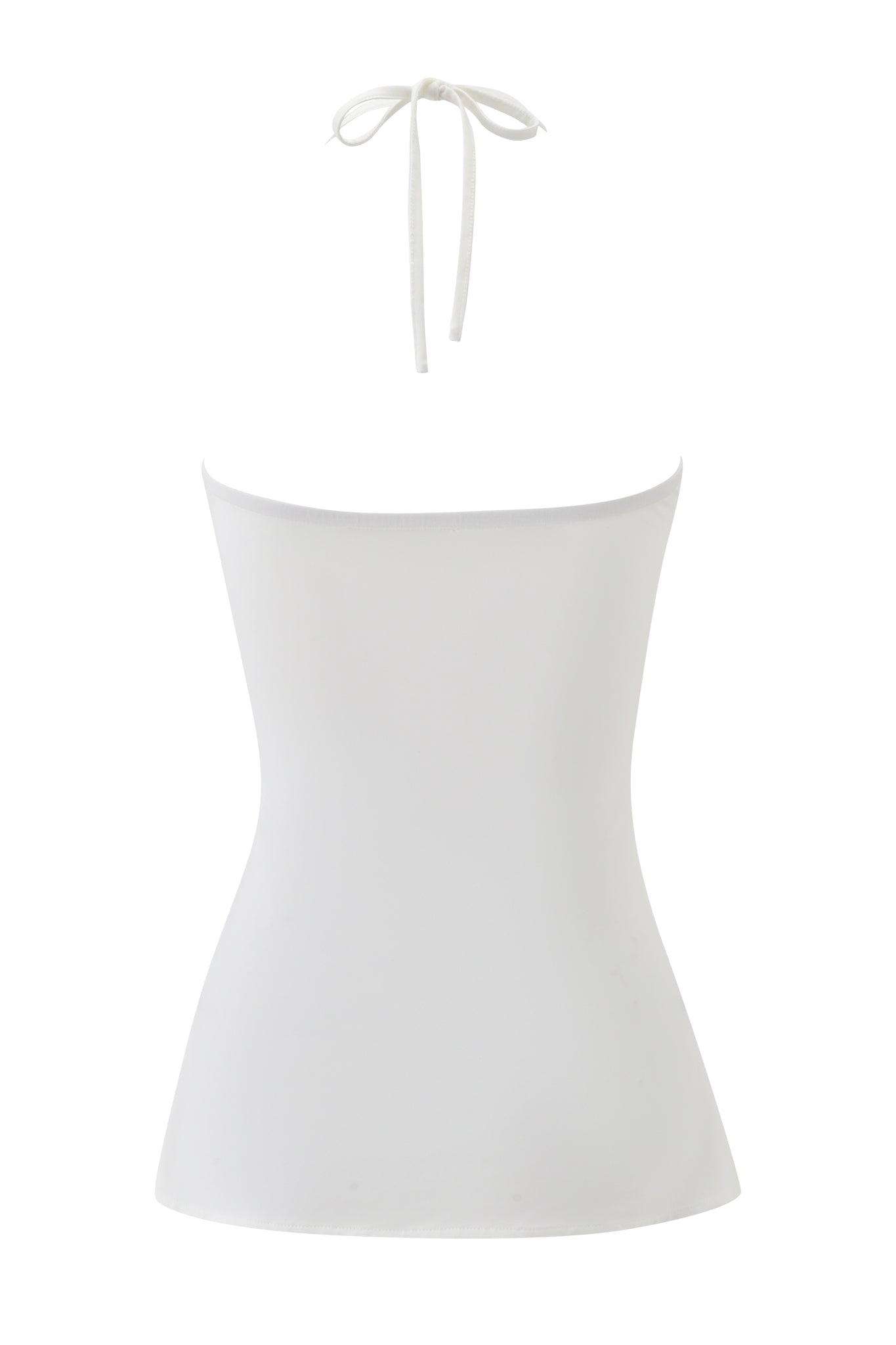 The I.AM.GIA SIGLO MACRAME TUBE TOP in white features a strapless, bodycon fit with a neck tie and seamless design, offering a chic, modern look against a plain background.