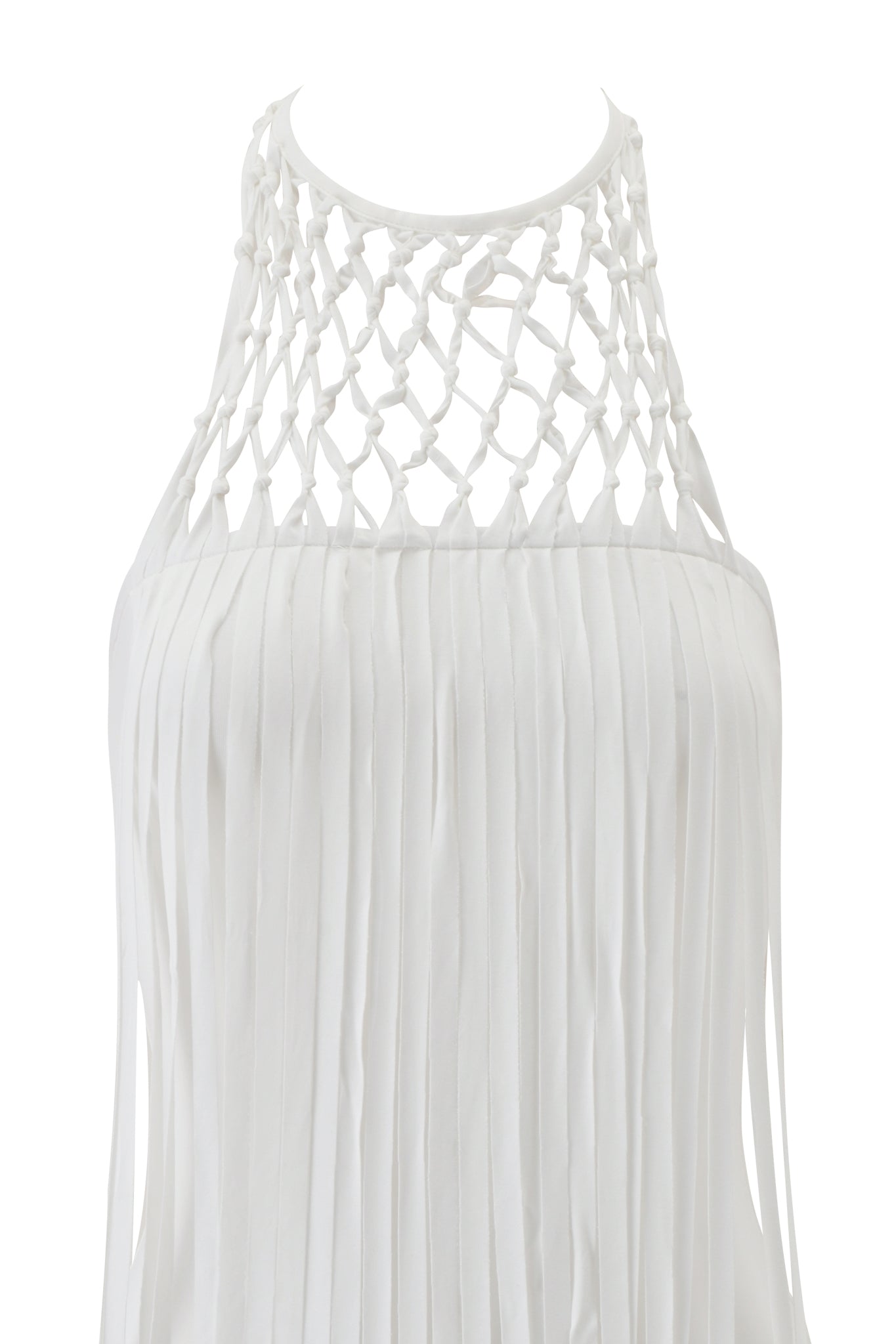 Close-up of the I.AM.GIA SIGLO MACRAME TUBE TOP in white, showcasing a knotted macrame fringe halter neckline and vertical pleated texture for a light, airy look.