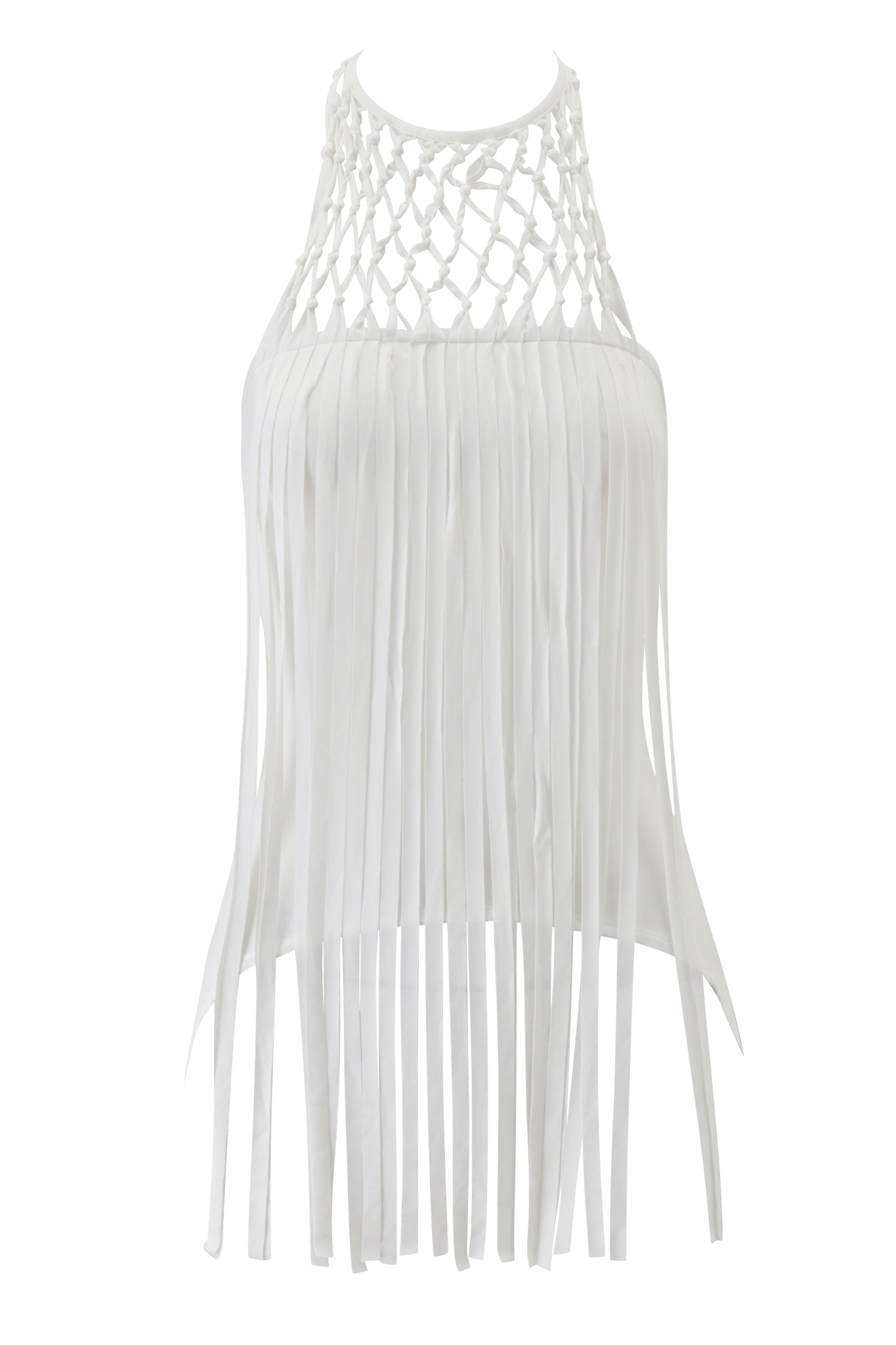 The I.AM.GIA SIGLO MACRAME TUBE TOP in white features a crochet-style open net neckline and long vertical macrame fringe that cascades from chest to hem.
