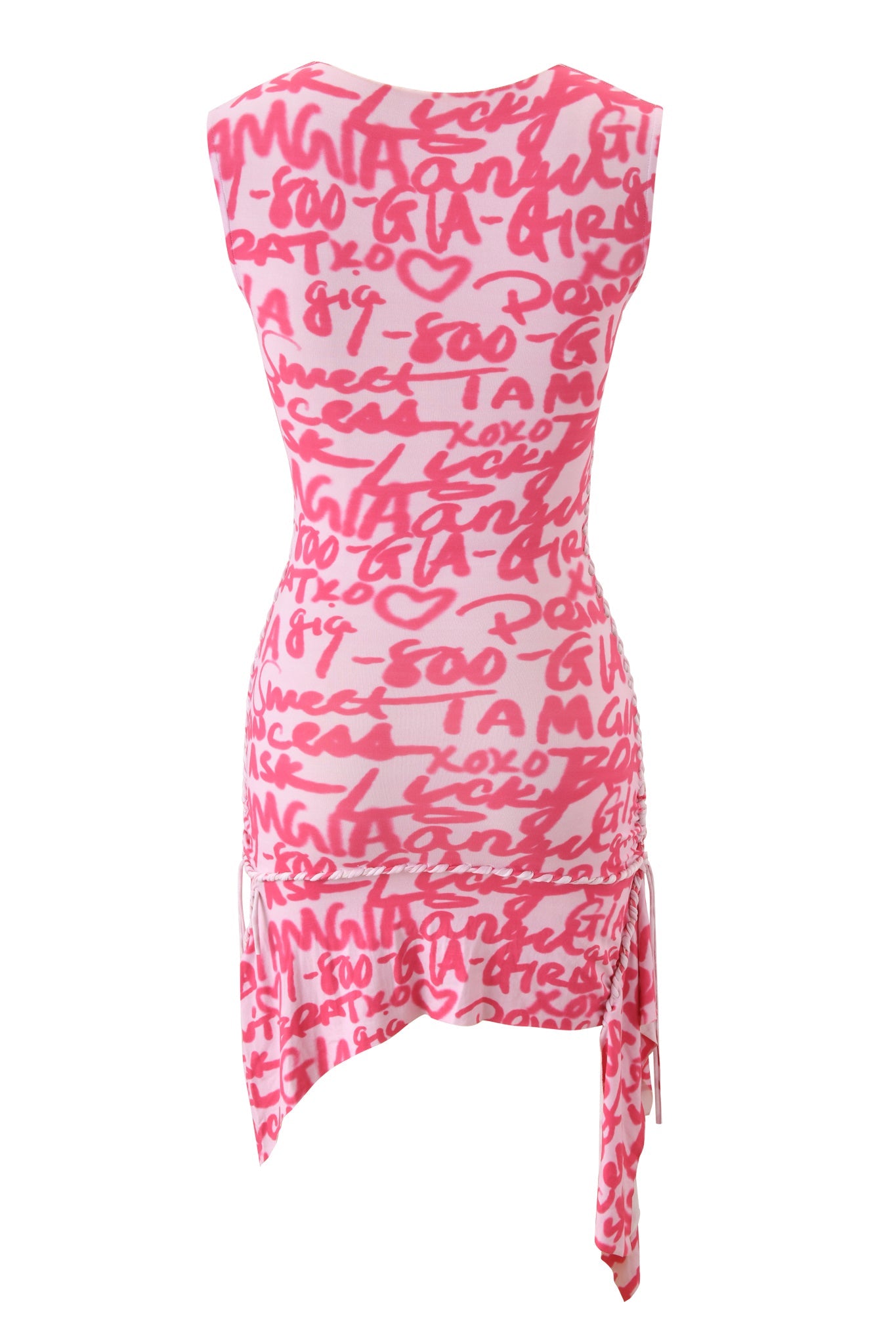The image shows the back of the I.AM.GIA HONEY MACRAME MINI DRESS - PINK WRITING ON THE WALL, a sleeveless fitted mini dress with asymmetric hem and side tie, featuring hot pink graffiti print with words and hearts on white.