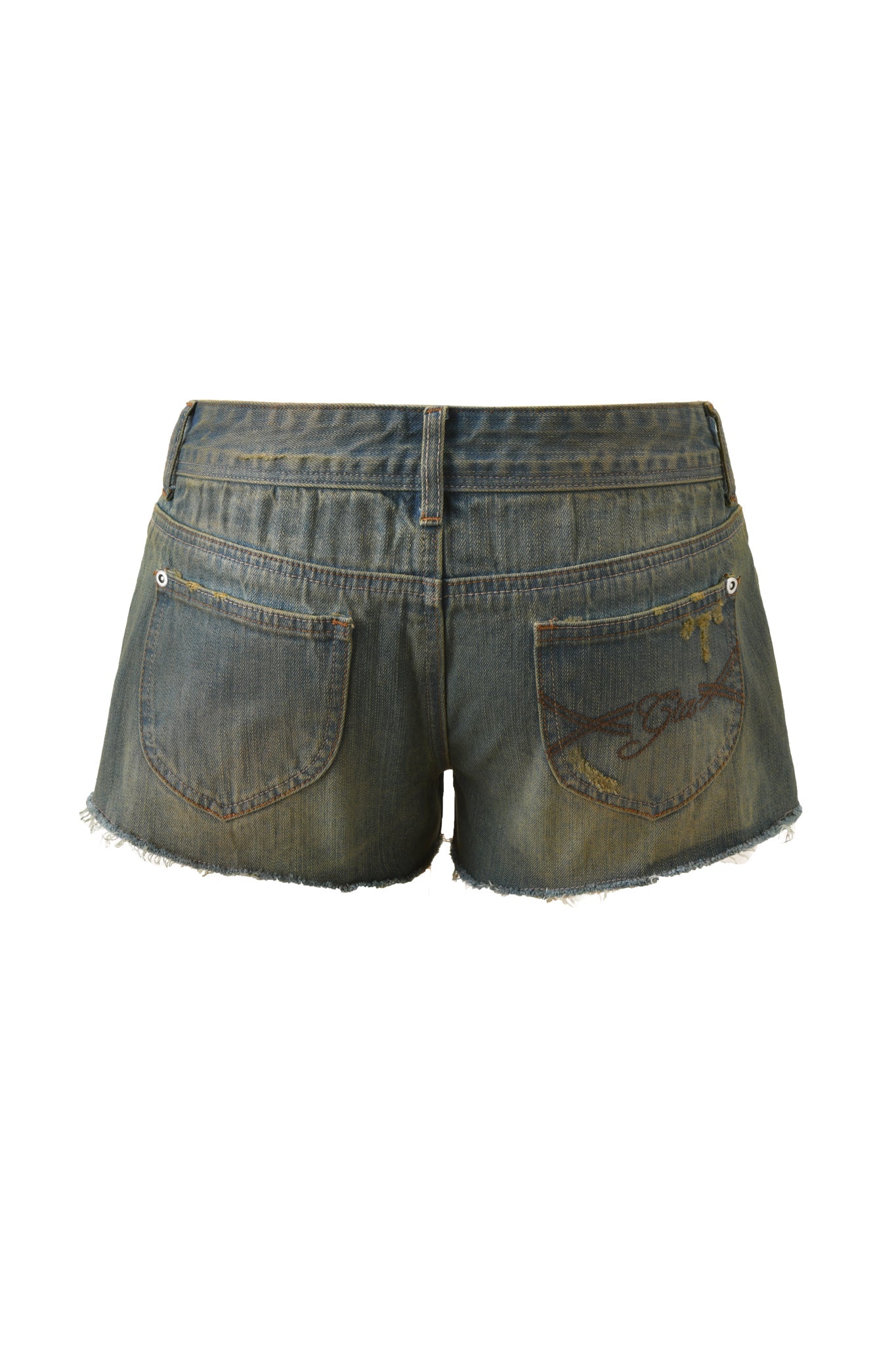 The TINSLEY SHORT - DARK DENIM by I.AM.GIA features a mid-rise waist, frayed hems, two back pockets, and decorative stitching on one pocket, shown from the back in distressed denim.