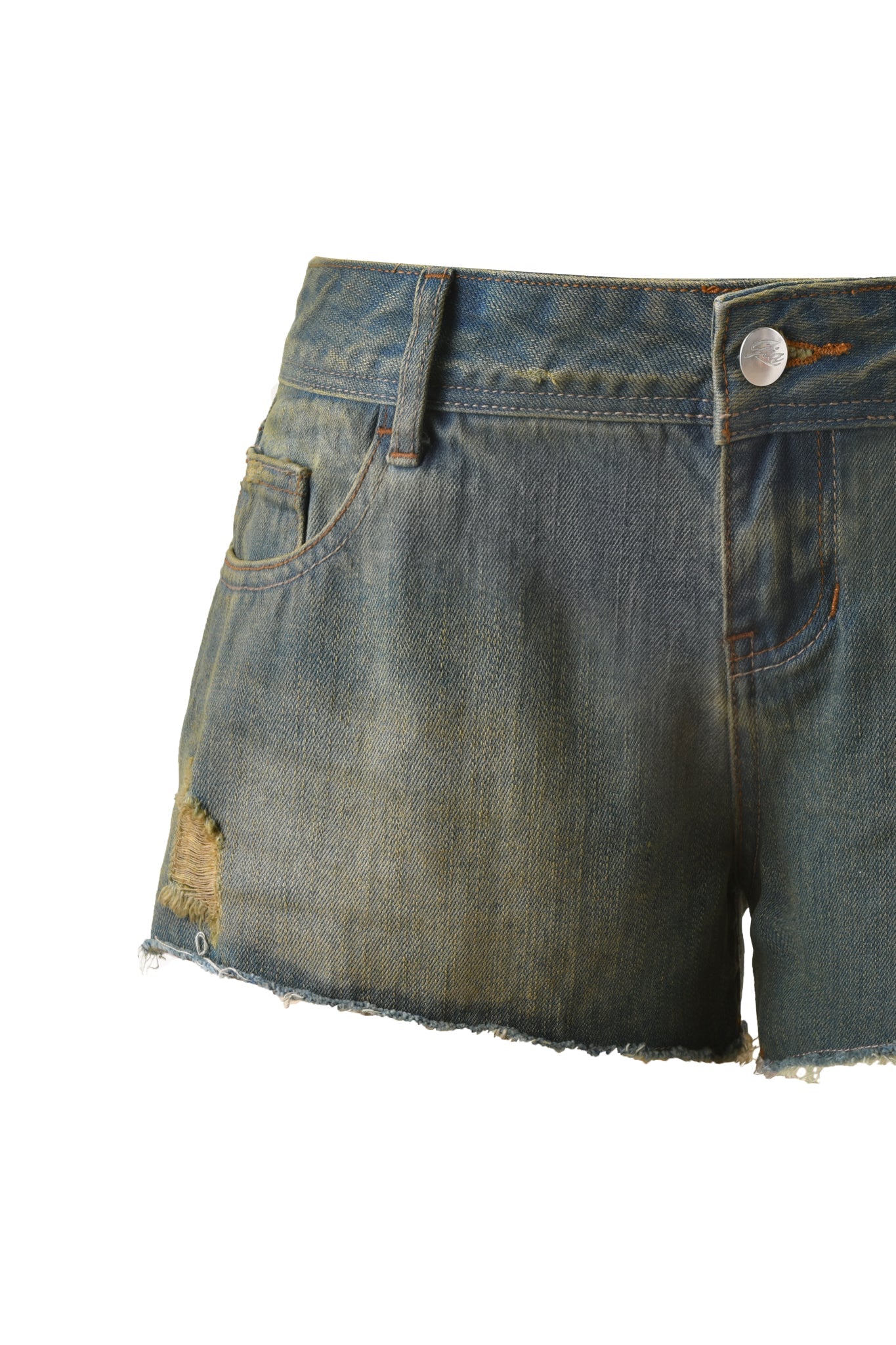 The TINSLEY SHORT by I.AM.GIA features distressed dark denim, a mid-rise waist, button closure, front pocket, frayed hem, and a small rip on the left leg. Shown here against a white background.