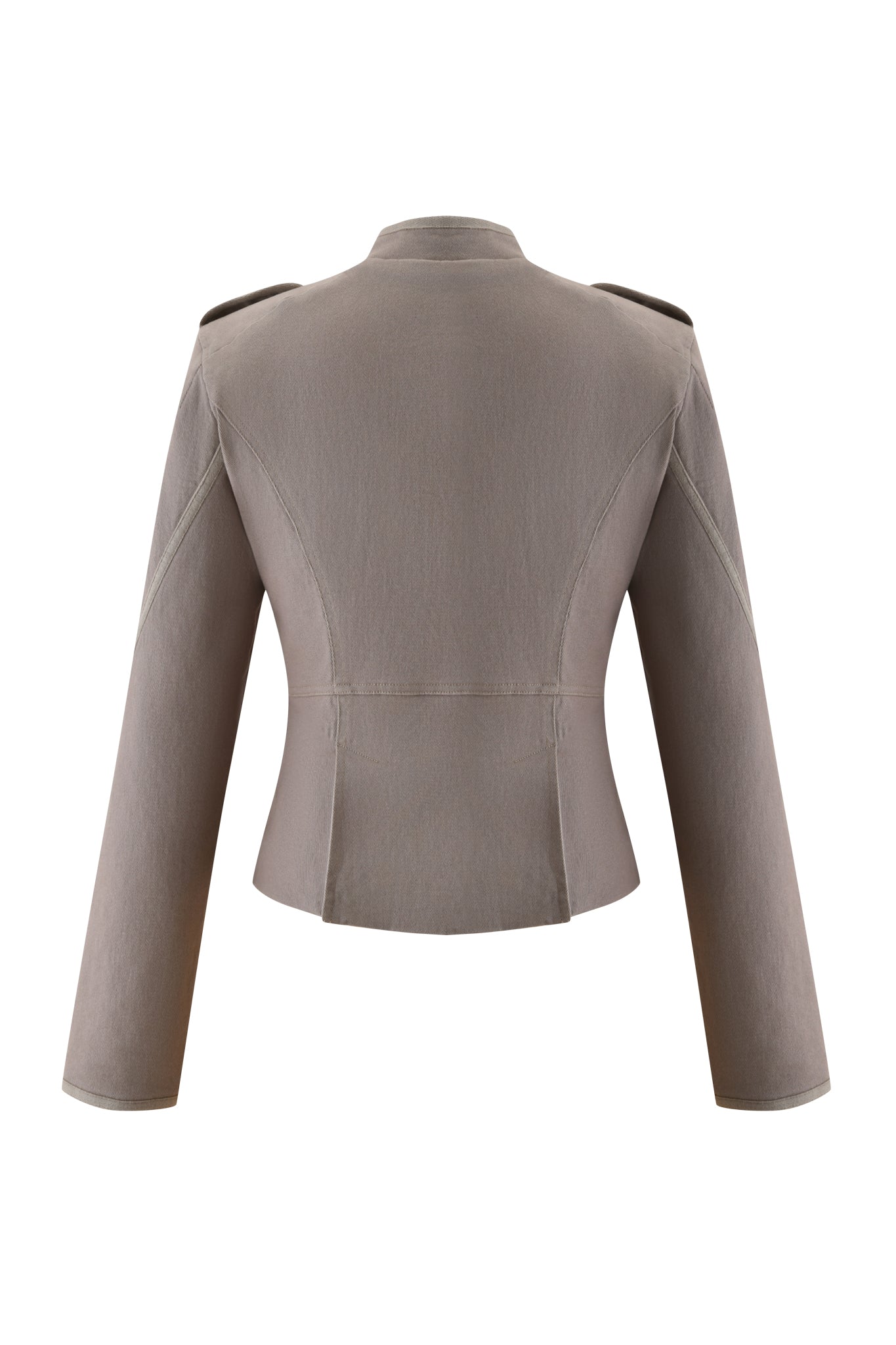 Back view of the SHARN JACKET - MUSHROOM by I.AM.GIA, a women's taupe blazer with long sleeves, structured shoulders, seam detailing, and military-inspired fitted waist that flares at the hem for a flattering look.
