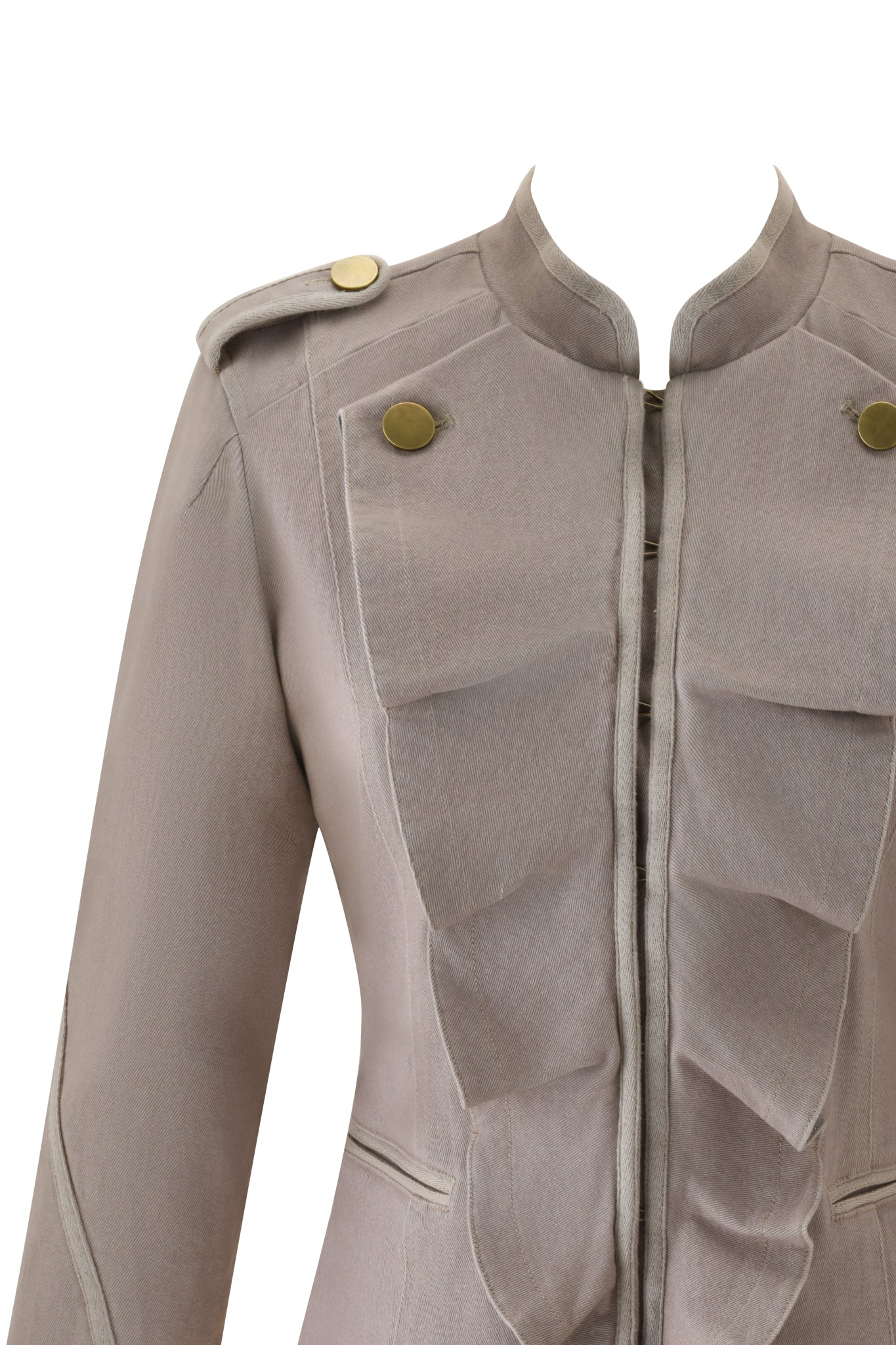 Close-up of the I.AM.GIA SHARN JACKET in Mushroom, featuring gold-toned hardware on the shoulders and chest, front flap details, a stand collar, and crafted from ultra-soft fabric against a white background.