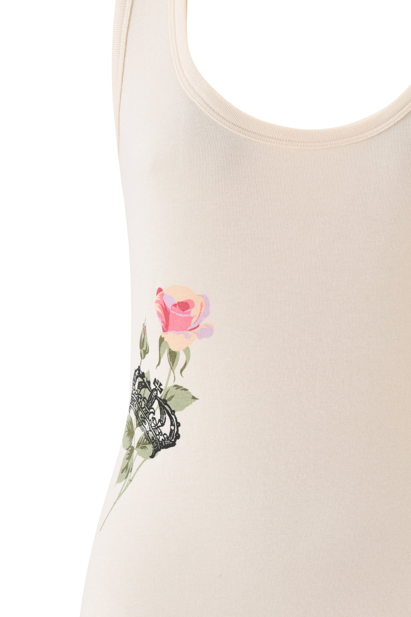 A close-up of the I.AM.GIA DIAMOND 2-IN-1 MINI DRESS in cream, showcasing a printed pink rose with green leaves and black lace details inspired by sheer georgette dress accents.