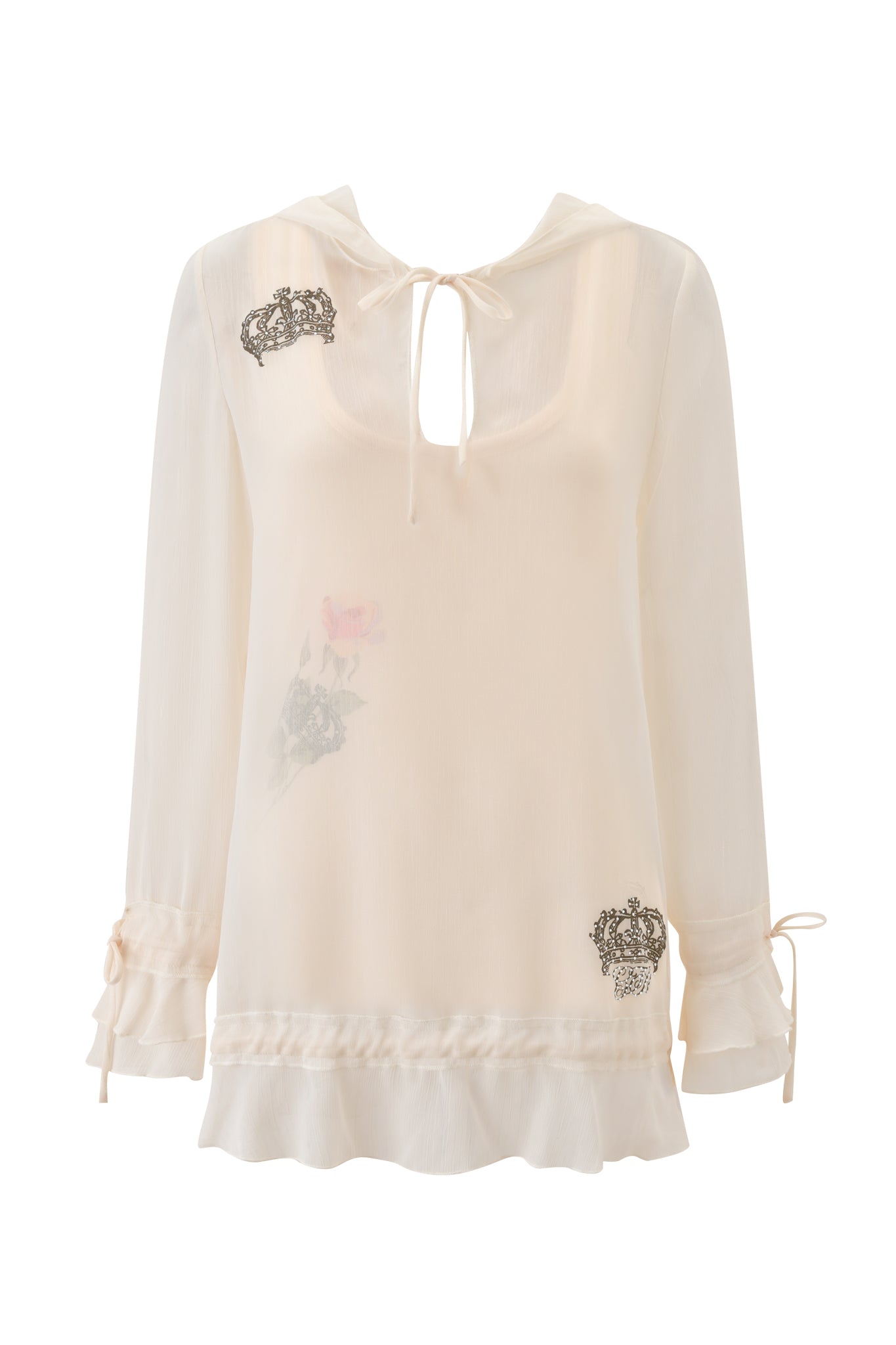 The I.AM.GIA DIAMOND 2-IN-1 MINI DRESS in cream features sheer long sleeves, a keyhole neckline with ribbon tie, ruffled cuffs and hem, black crown-like embroidery, and subtle rhinestones for added sparkle.