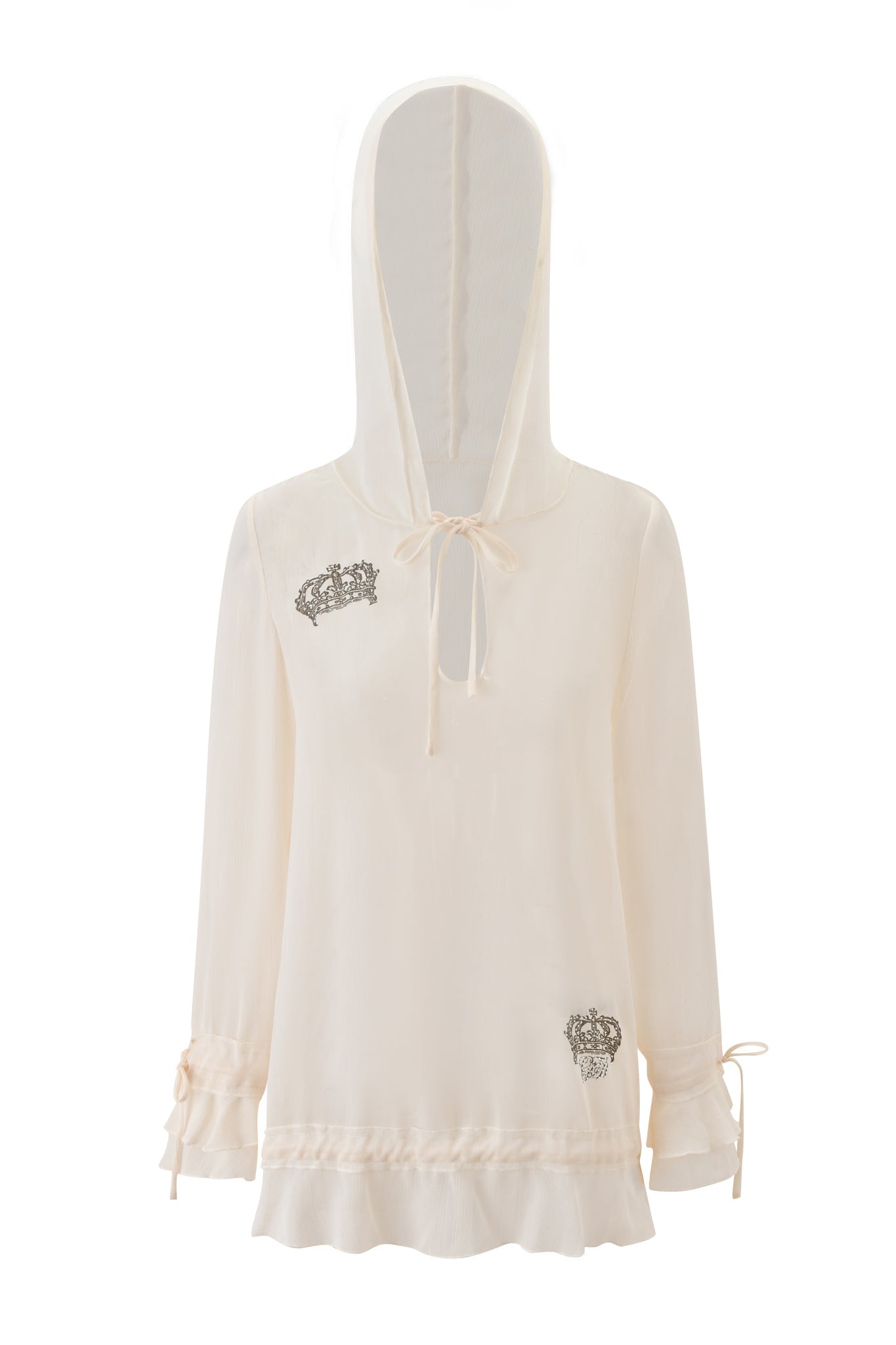 The I.AM.GIA DIAMOND 2-IN-1 MINI DRESS - CREAM features sheer georgette, long sleeves, an off-white hood, cuff and hem ruffles, ribbon ties at neck and wrists, and silver embroidered crowns on the chest and lower front.