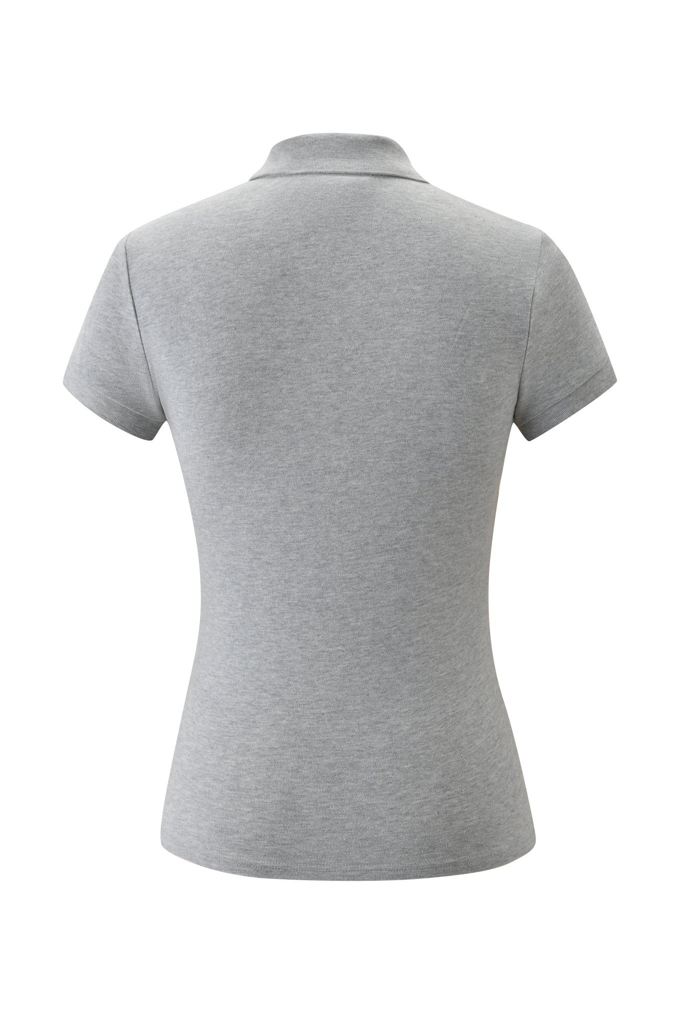 Back view of the I.AM.GIA PAM TOP - GREY, a fitted short sleeve polo with a classic collar in light gray, shown against a plain white background.