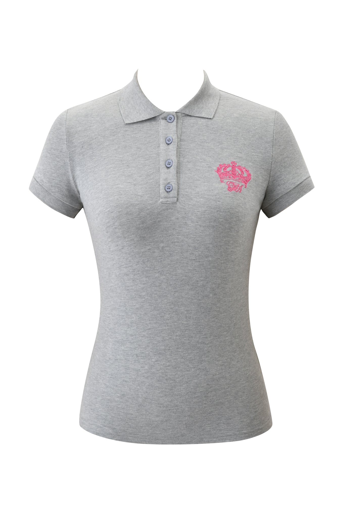 The I.AM.GIA PAM TOP - GREY is a women’s light gray, short sleeve polo with a collar and five buttons, featuring pink crown embroidery on the left chest. Displayed on a white background.