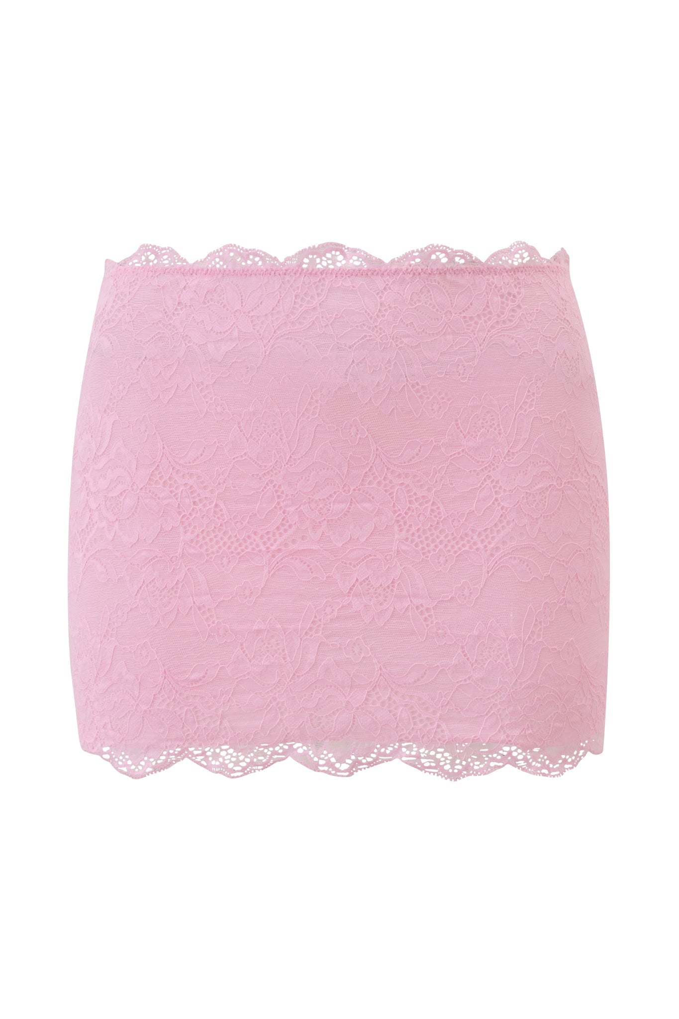Pair the I.AM.GIA SALLI LACE MINI SKIRT in baby pink with a bandeau for a chic look, or wear it solo as a flirty swim coverup. Features floral lace and scalloped edges for added style.