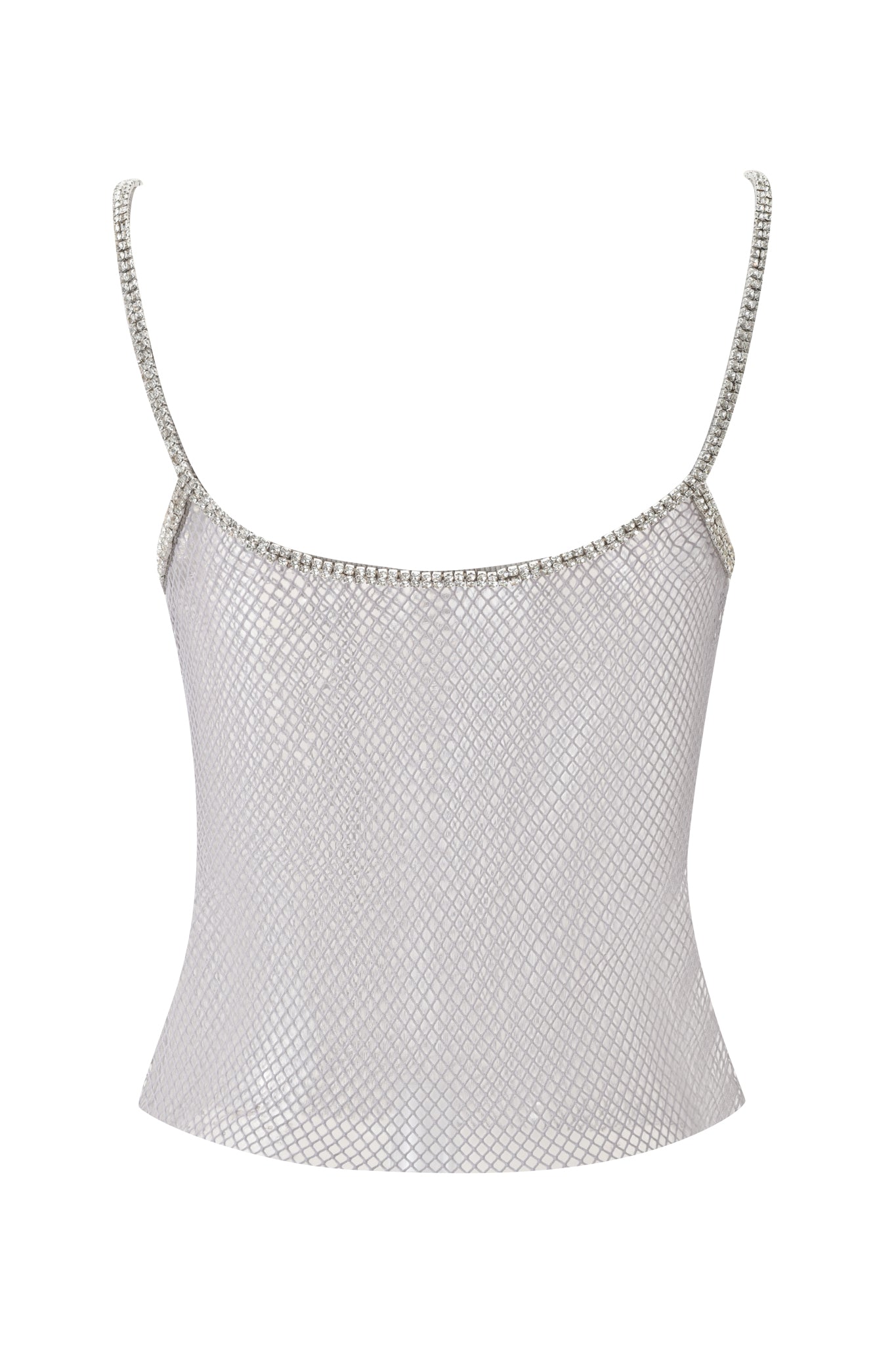 The CIARA DIAMANTE TANK by I.AM.GIA features a silver metallic mesh with thin spaghetti straps, a fitted yet slightly flared waist, and a reflective dove grey finish for a sleek, modern look. No visible embellishments.