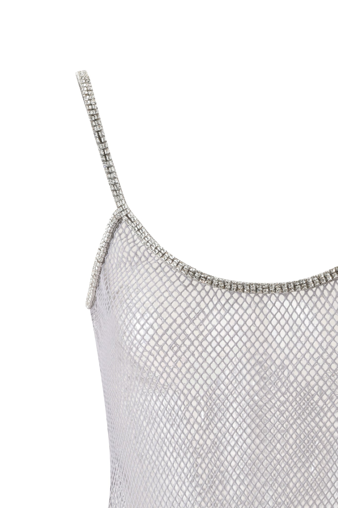 Close-up of the I.AM.GIA CIARA DIAMANTE TANK in silver, featuring shimmering metallic mesh fabric and jeweled spaghetti straps for a sleek, elegant look reminiscent of a refined mesh tank top.