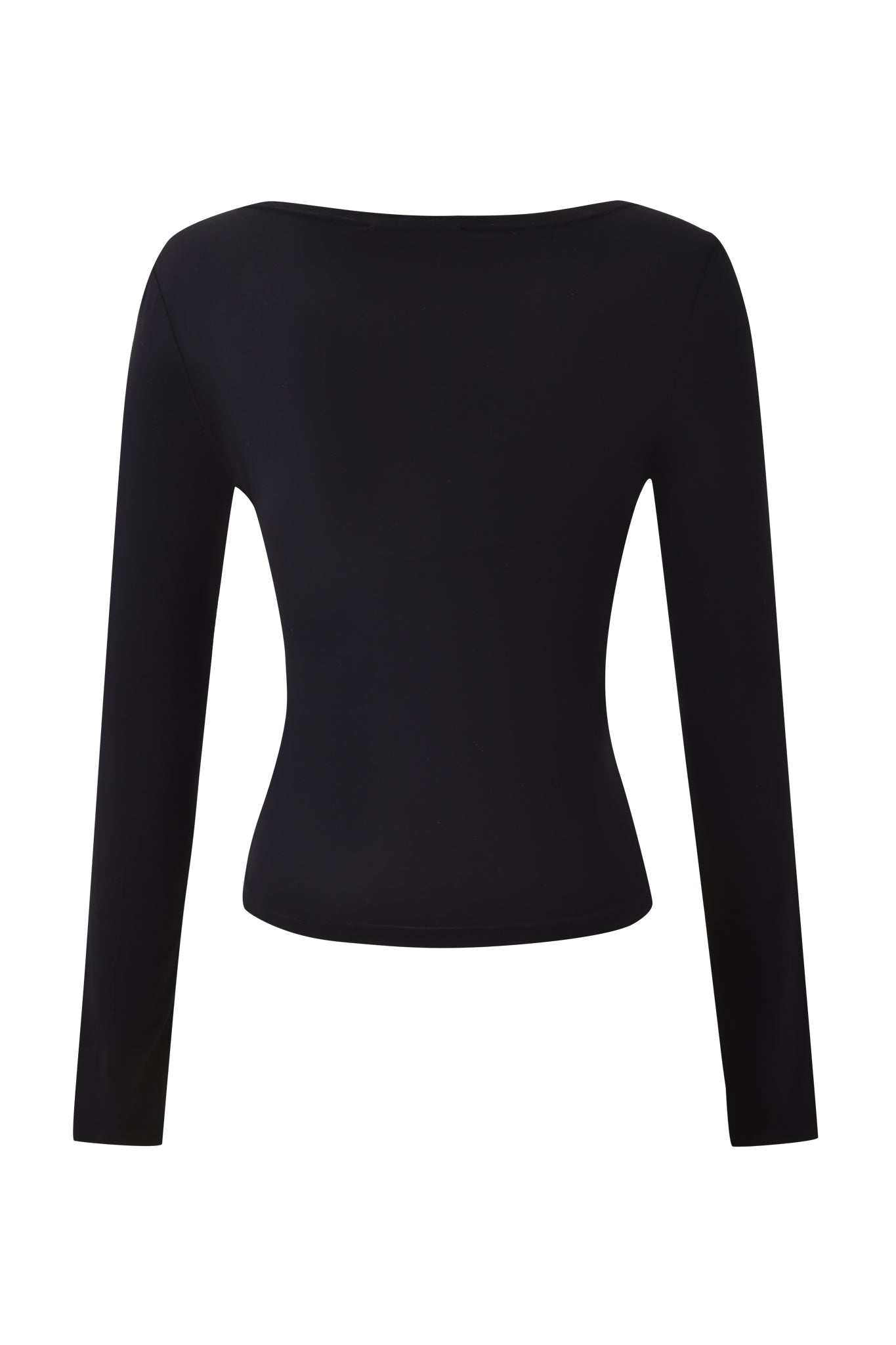 The I.AM.GIA ASHA LONG SLEEVE TOP in black is a fitted top with a boat neckline, shown on a plain white background. It features a sleek, minimalist design with no visible patterns, buttons, or embellishments.