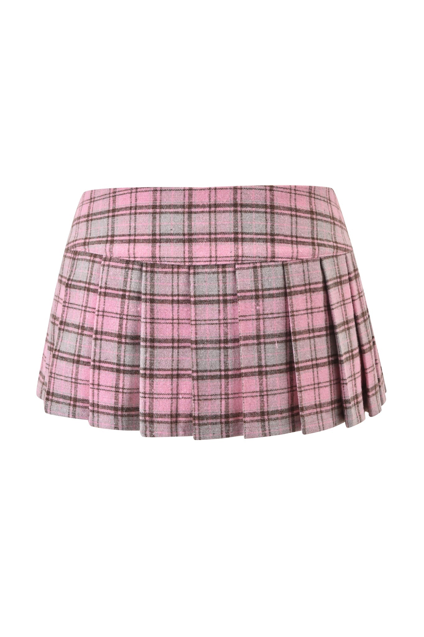 The BETTY MICRO MINI SKIRT - PINK PLAID by I.AM.GIA, a low-rise flannel style with gray accents and pleats, is displayed on a white background.