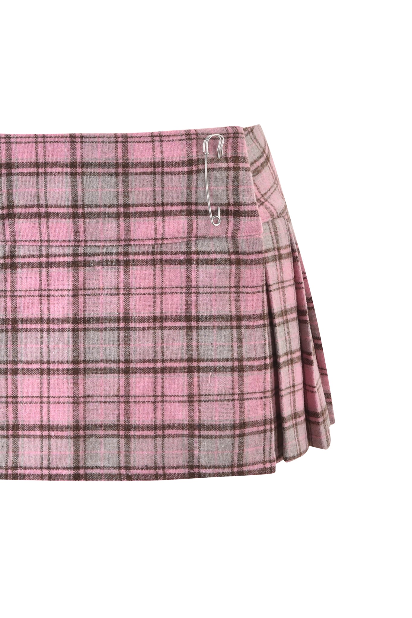 The BETTY MICRO MINI SKIRT by I.AM.GIA is a pink plaid, low-rise mini with gray accents, side pleats, and a bold silver safety pin at the waistband for an edgy look.