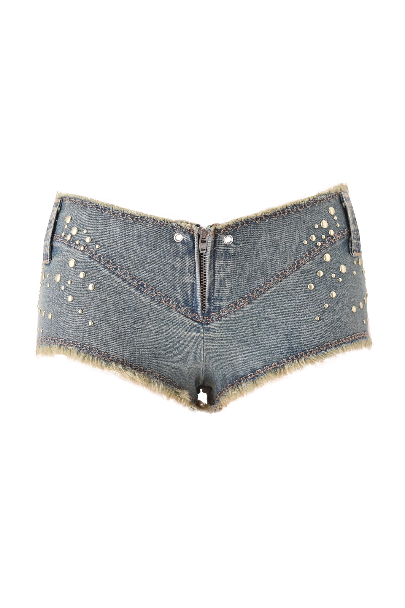 The VEXA SHORT by I.AM.GIA is a pair of vintage blue denim shorts featuring frayed hems, a front zipper with double button closure, and pearl-like stud embellishments on the front.