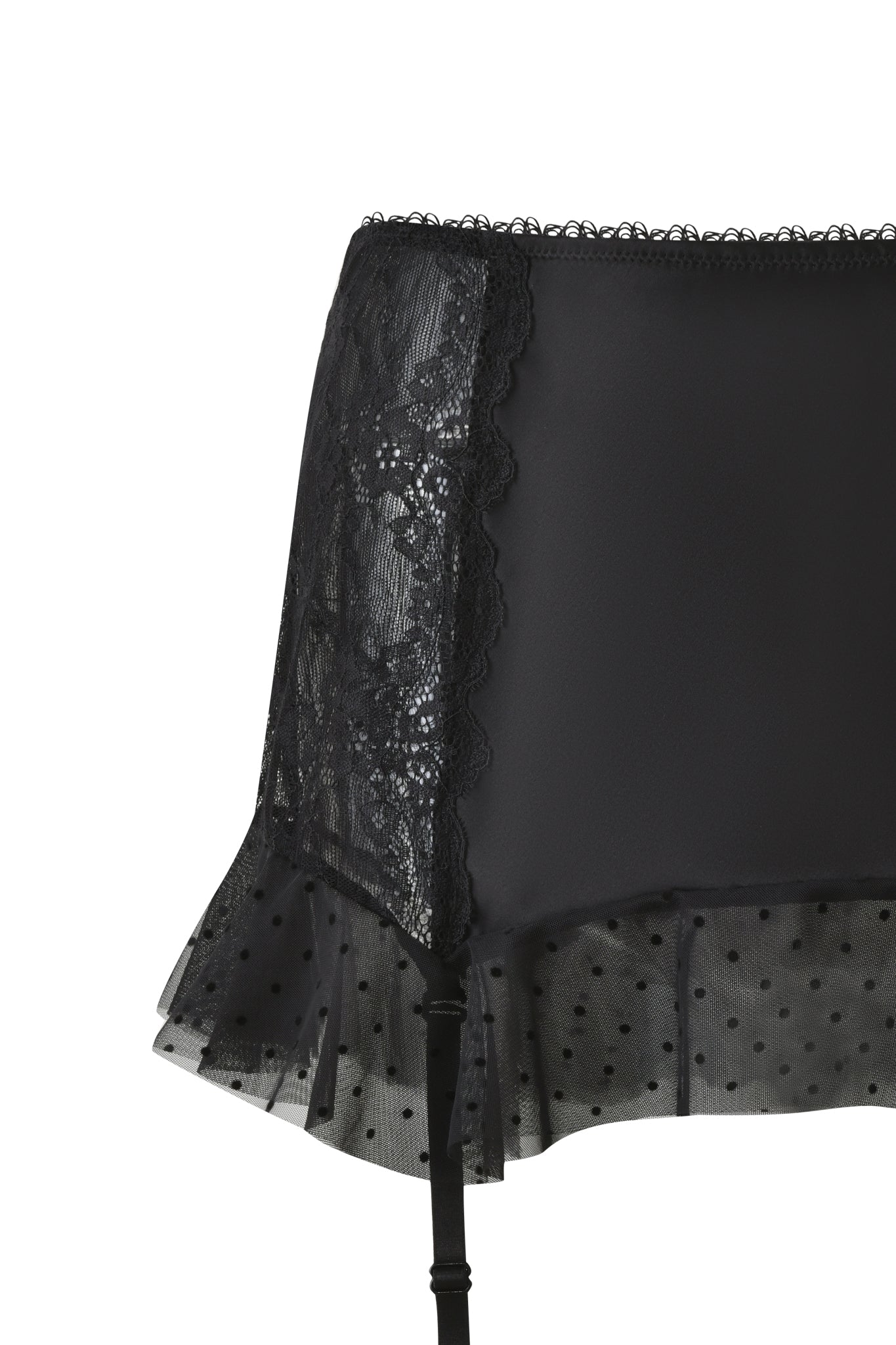 Close-up of the I.AM.GIA CIRA GARTER MINI SKIRT - BLACK, featuring sheer floral lace sides, ruffled polka dot trim, and a blend of opaque and sheer fabrics for an elegant, delicate look.