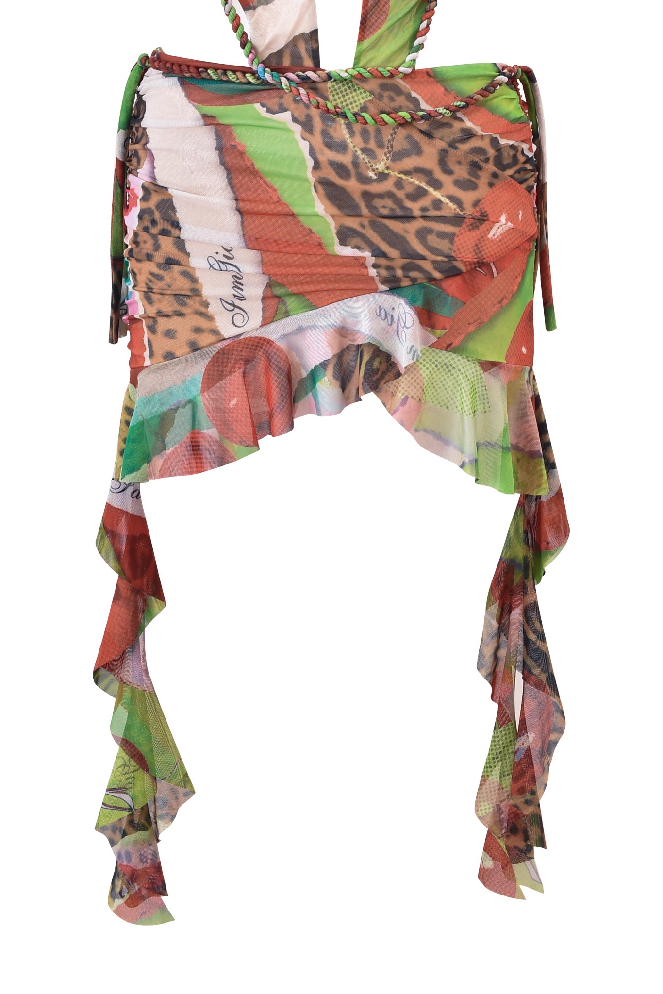 The AERIN MINI DRESS - WILD CHERRY by I.AM.GIA features an asymmetrical design with a vibrant Wild Cherry print, animal patterns in green, red, and white, ruffled draped sides, and a gathered waistband.
