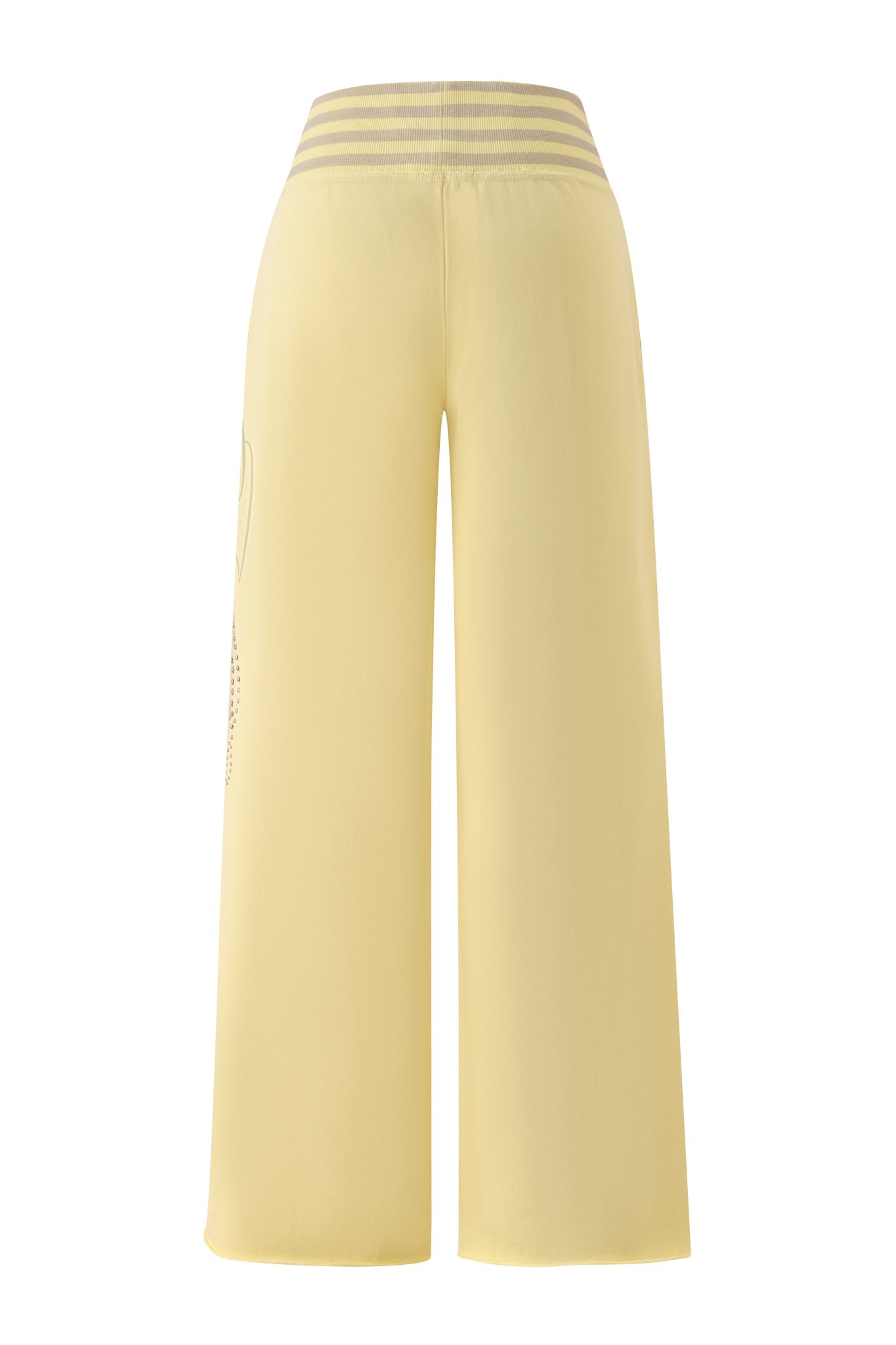 The VEDA PANT - YELLOW by I.AM.GIA features a wide-leg silhouette viewed from the back, with a high waistband adorned with three horizontal gray stripes. Crafted from light and flowy fabric, these track pants are perfect for casual or summer wear.