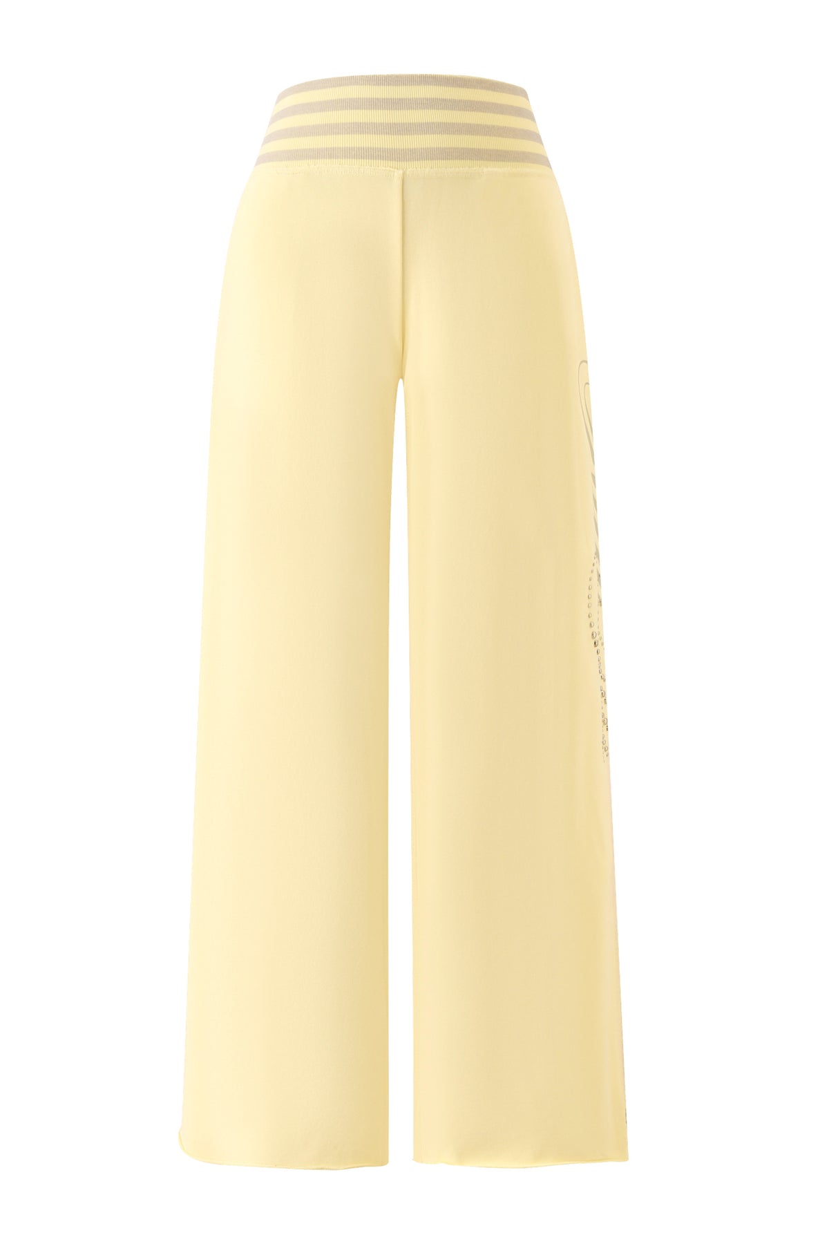 The I.AM.GIA VEDA PANT in yellow features a wide-leg, high-waisted design with a gray and white striped elastic waistband, crafted in a relaxed-fit track pants style and displayed from the back against a white background.