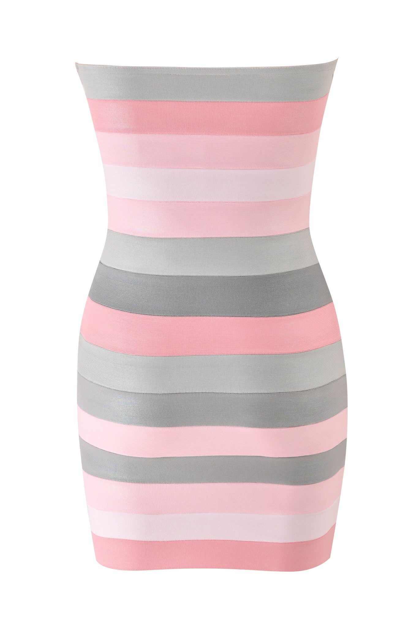 The ZUNA PLATINUM BANDAGE MINI DRESS by I.AM.GIA is a strapless, bodycon mini dress in pink with horizontal stripes, featuring a smooth, seamless look and a subtle sheen.
