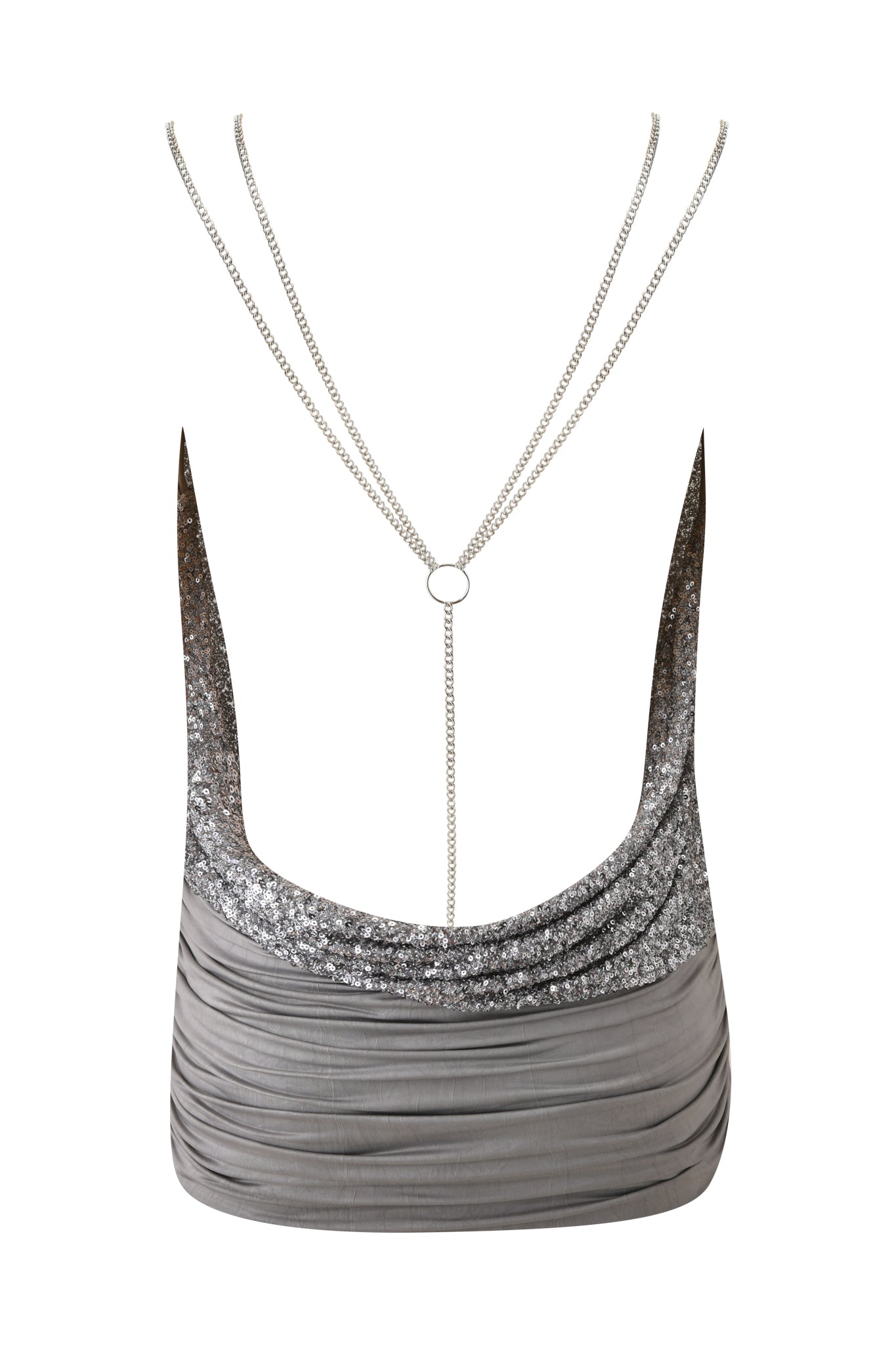 A back view of the I.AM.GIA LEXX MINI DRESS in silver, featuring a sleeveless, glittery draped design with an open back, asymmetrical neckline, and a silver chain detail crossing the shoulders.