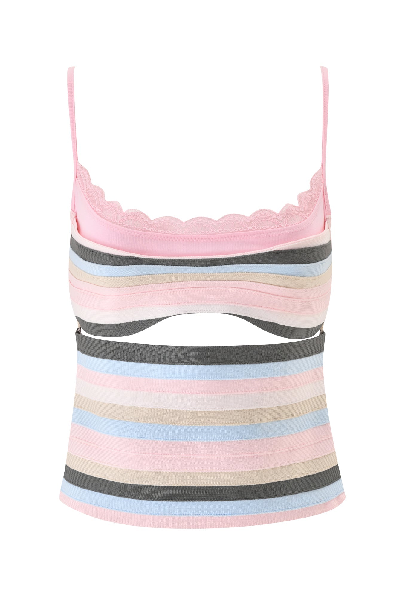 The NYNA BANDAGE CAMI TOP by I.AM.GIA features a cropped bodycon fit, thin straps, scalloped lace trim in baby pink, horizontal pastel stripes, and a cut-out below the bust.