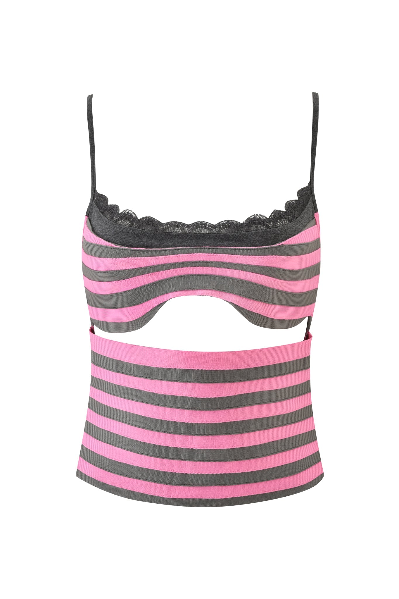 The NYNA BANDAGE CAMI TOP by I.AM.GIA features a sleeveless, bodycon fit with thin straps, hot pink and dark gray horizontal stripes, scalloped lace at the neckline, bandage construction, and a cutout below the bust.