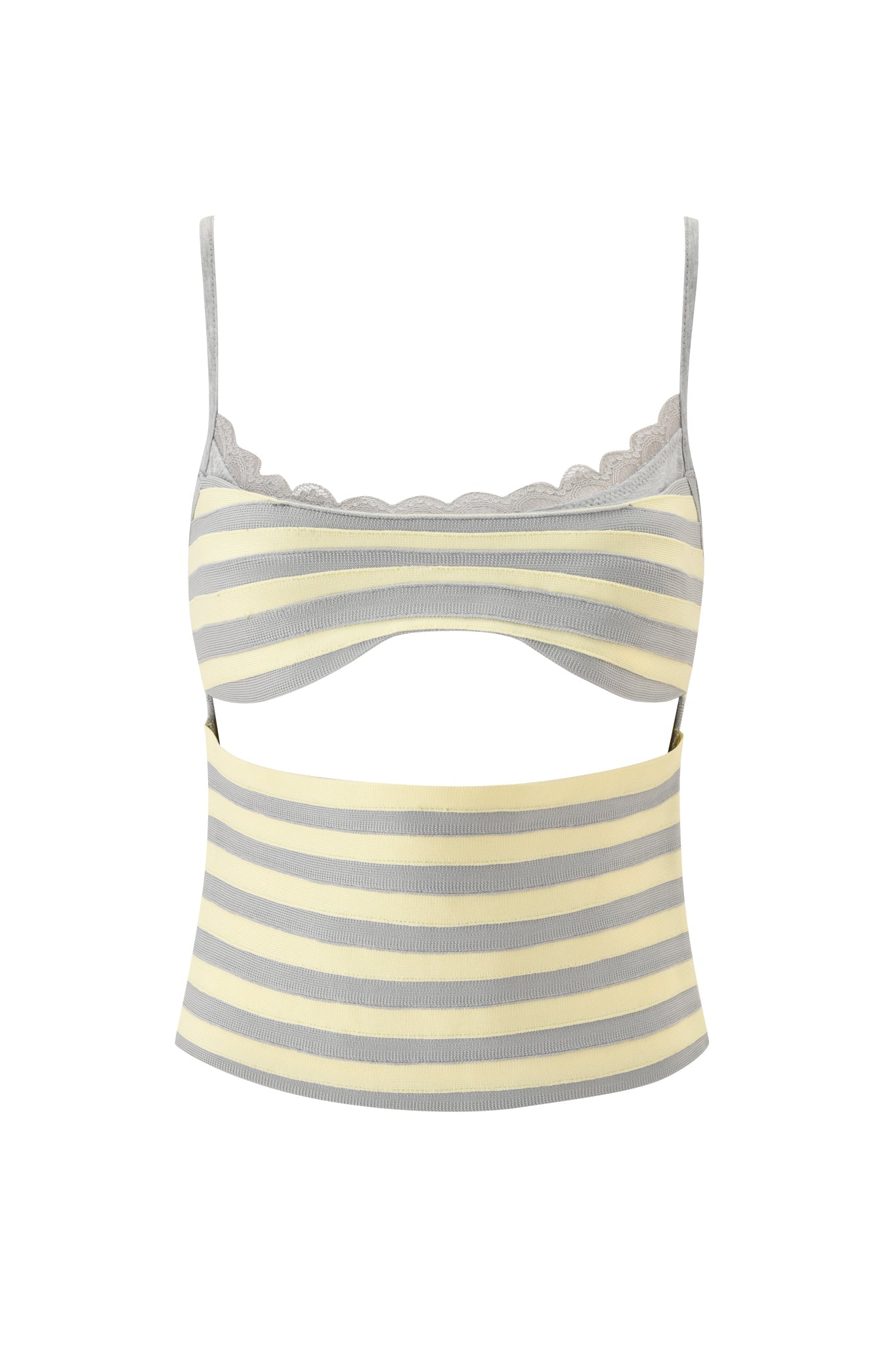 The I.AM.GIA NYNA BANDAGE CAMI TOP - YELLOW is a cropped, sleeveless top with thin straps, yellow and gray horizontal stripes, a scalloped neckline, and a cutout below the bust.