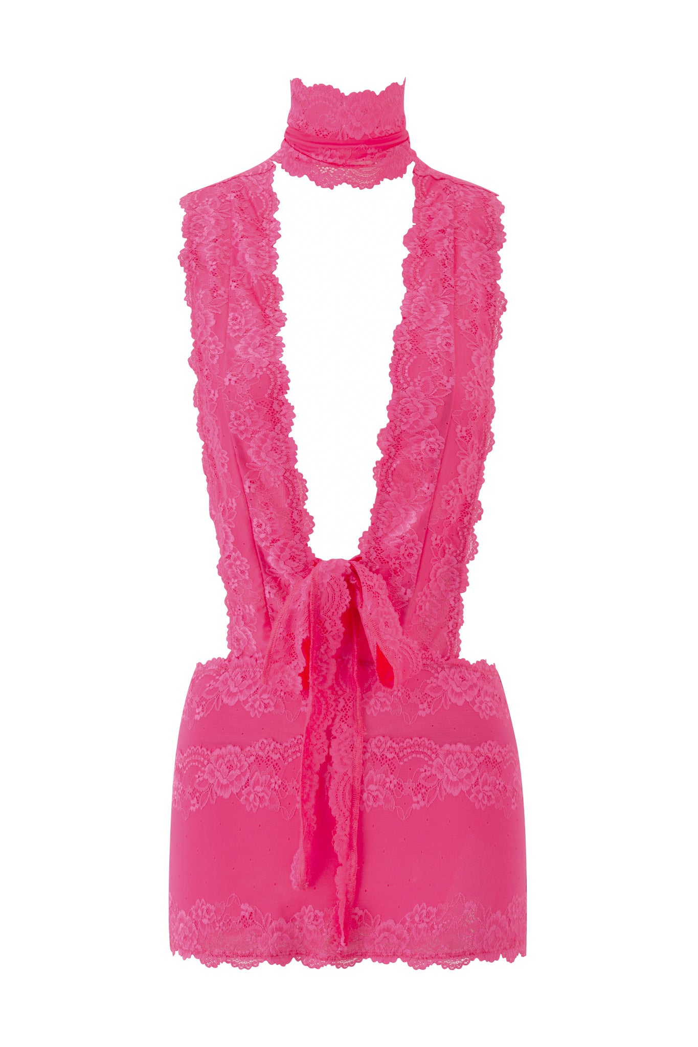 The STARLA MINI DRESS - PINK by I.AM.GIA features delicate floral lace, a deep V-neck, open back, halter neck with matching choker, bodycon fit, wrap around straps, and a bow accent at the lower back for added charm.