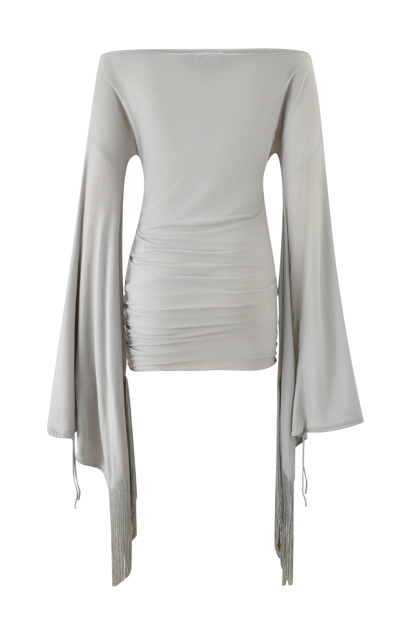 The LUMA MINI DRESS - GREY by I.AM.GIA is a cotton jersey mini dress with off-the-shoulder design, long flared sleeves with fringe cuffs, ruched sides, and a unique, elegant look in light gray.