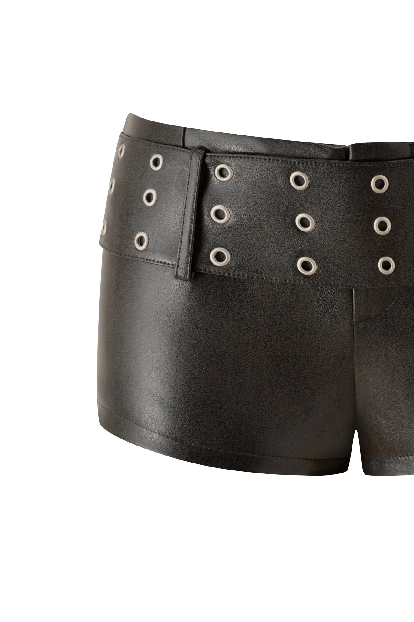 The DASHA SHORTS - GREY by I.AM.GIA feature grey faux leather and a wide belt adorned with silver grommet eyelets, shown against a white background.
