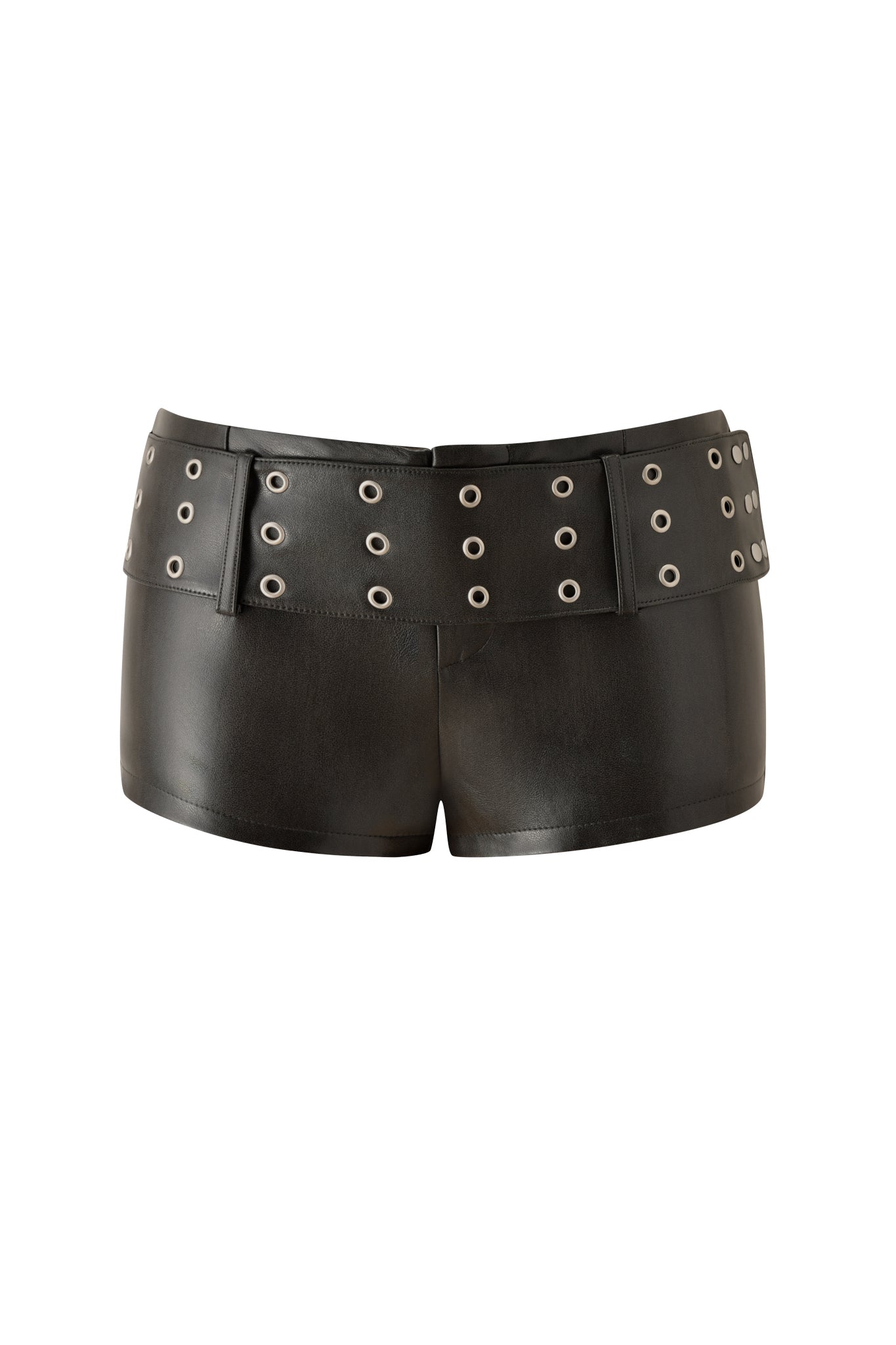 The DASHA SHORTS - GREY by I.AM.GIA are grey faux leather hot shorts featuring a wide waistband with silver grommet details and belt loops, displayed on a plain white background.