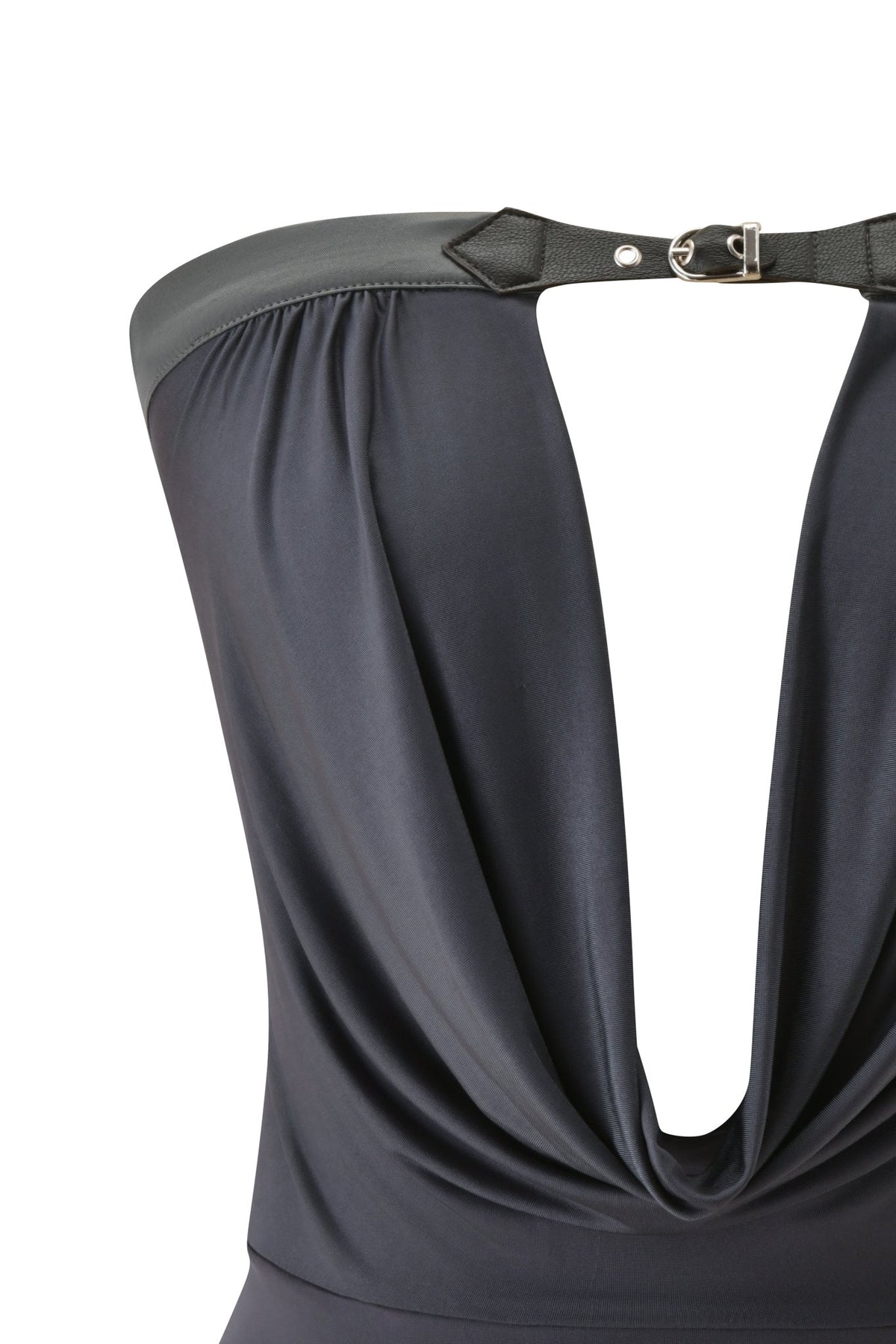 Close-up of the back of the I.AM.GIA JENNA TOP in grey, featuring a deep draped cutout and a leather-like strap fastened with a silver buckle at the top, creating an elegant bodycon silhouette that accentuates your curves.