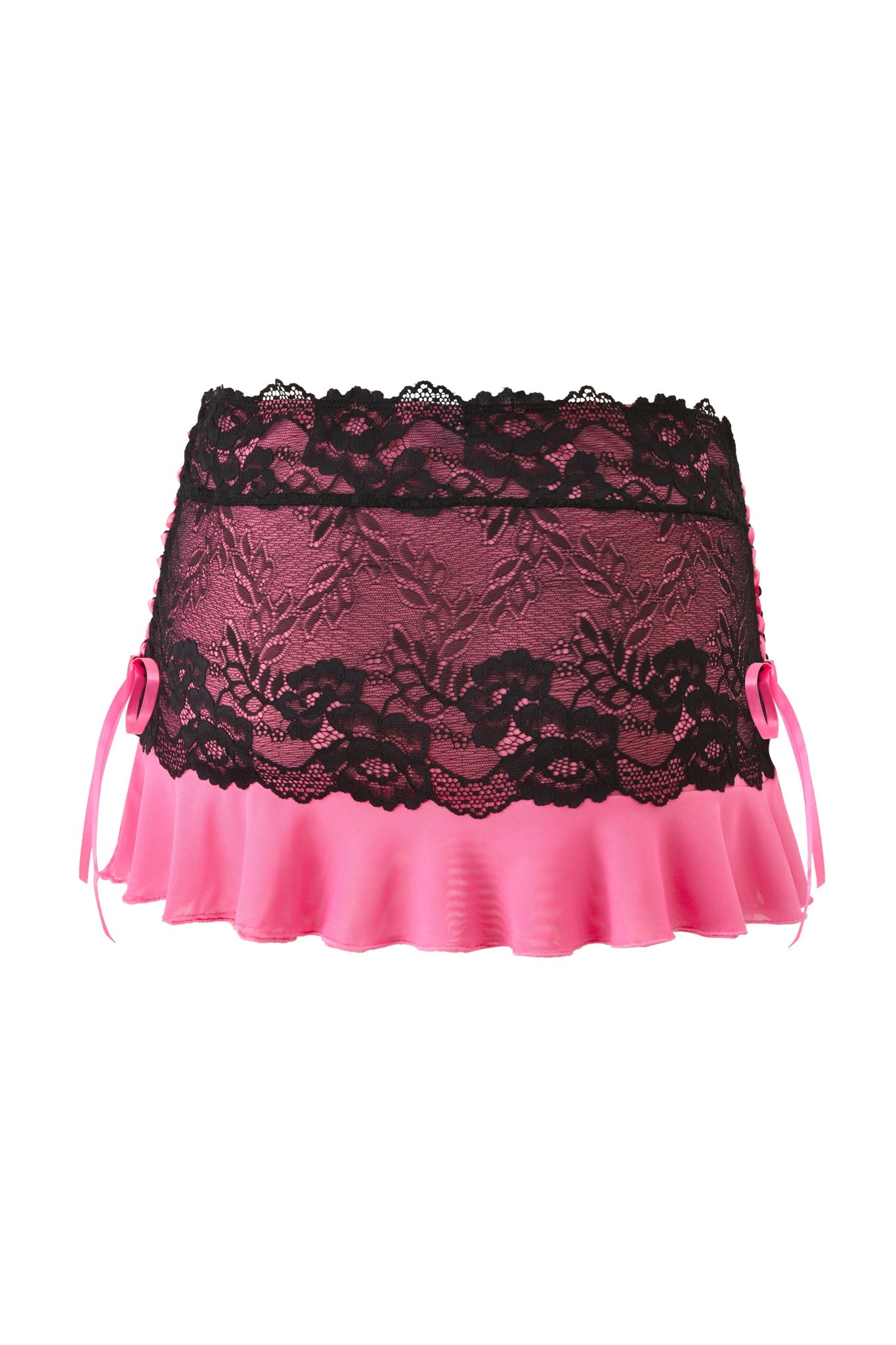 The TIFFANY SKIRT - PINK by I.AM.GIA is a pink lace mini skirt with black lace trim, pink ribbon bows on each side, and a ruffled hem for a delicate, feminine look.