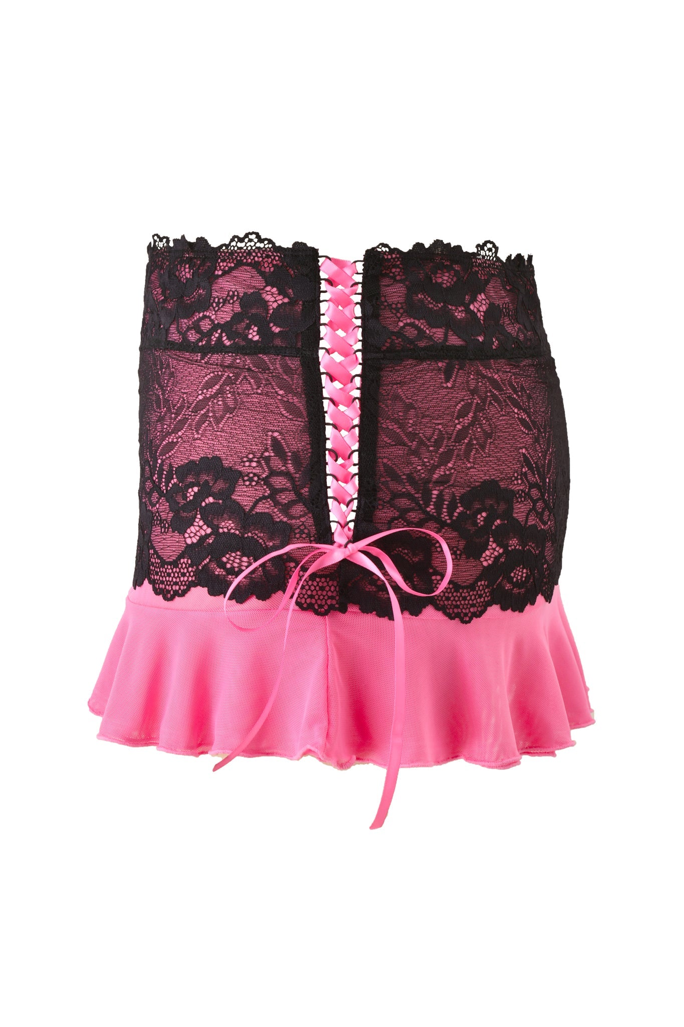 The I.AM.GIA TIFFANY SKIRT in pink, a black lace mini skirt with a ruffled hem, is paired with a pink satin corset featuring black floral lace and center ribbon lacing, all displayed against a white backdrop.