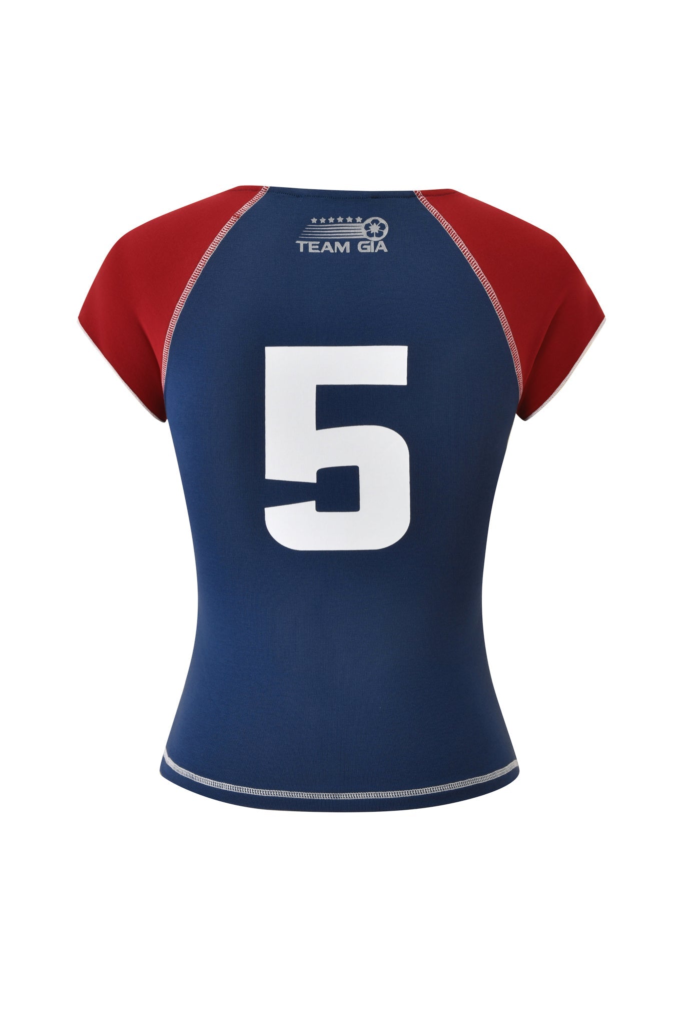 The NOVIA LACE-UP T-SHIRT AND HEADBAND by I.AM.GIA in navy is a sporty stretch cotton tee with red sleeves, white number 5 and "TEAM GIA" on the back, offering a comfortable athletic fit.