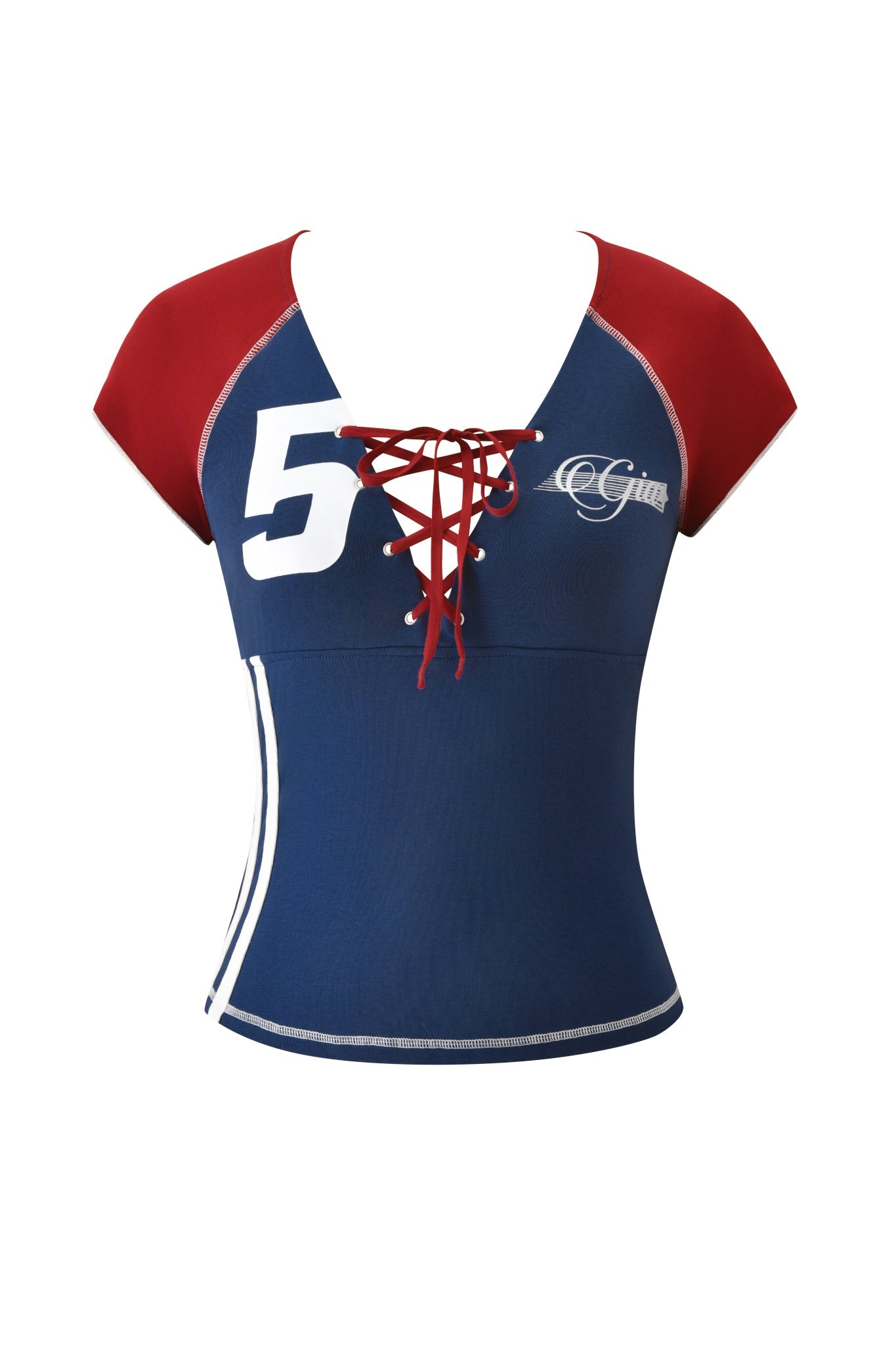 The I.AM.GIA NOVIA LACE-UP T-SHIRT AND HEADBAND - NAVY is a fitted, short-sleeved soccer jersey baby tee with red sleeves, a blue body, lace-up V-neck, number 5 detail, and white stripes near the hem.