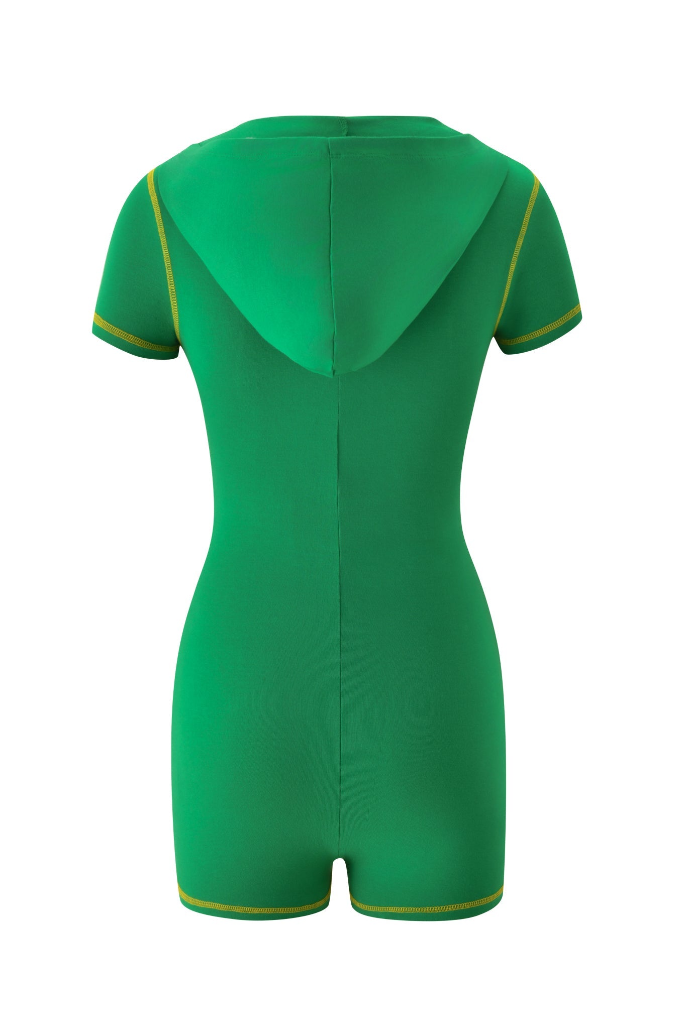 The BLARE SHORT SLEEVE ROMPER by I.AM.GIA is a green, fitted hooded mini romper with yellow stitching on the sleeve and leg hems, shown from the back for a sleek silhouette.