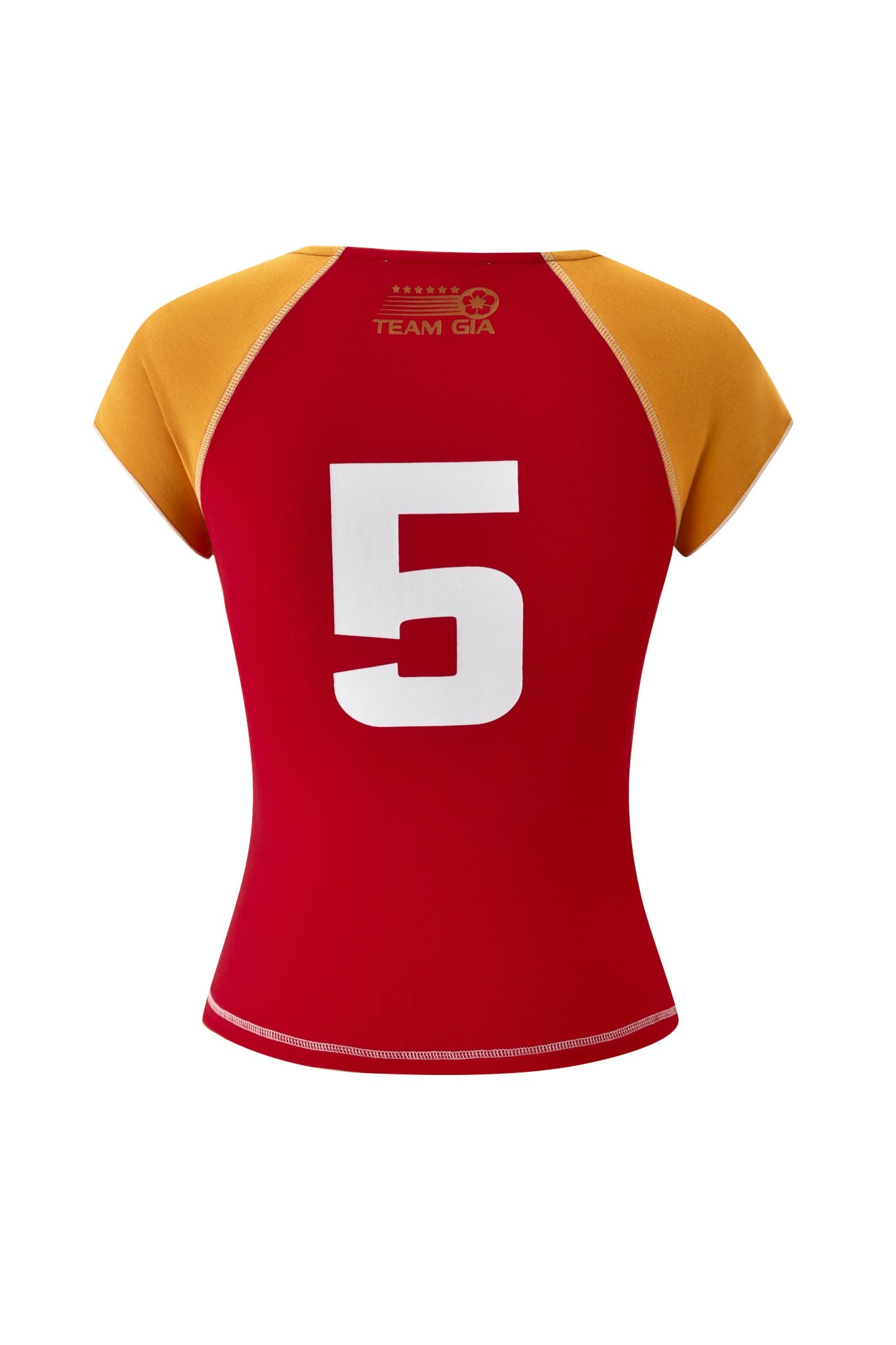The I.AM.GIA NOVIA LACE-UP T-SHIRT AND HEADBAND in red is a stretch cotton tee with short sleeves, featuring "TEAM GIA" near the neckline and a bold white number 5 on the back, styled in classic brand fashion.