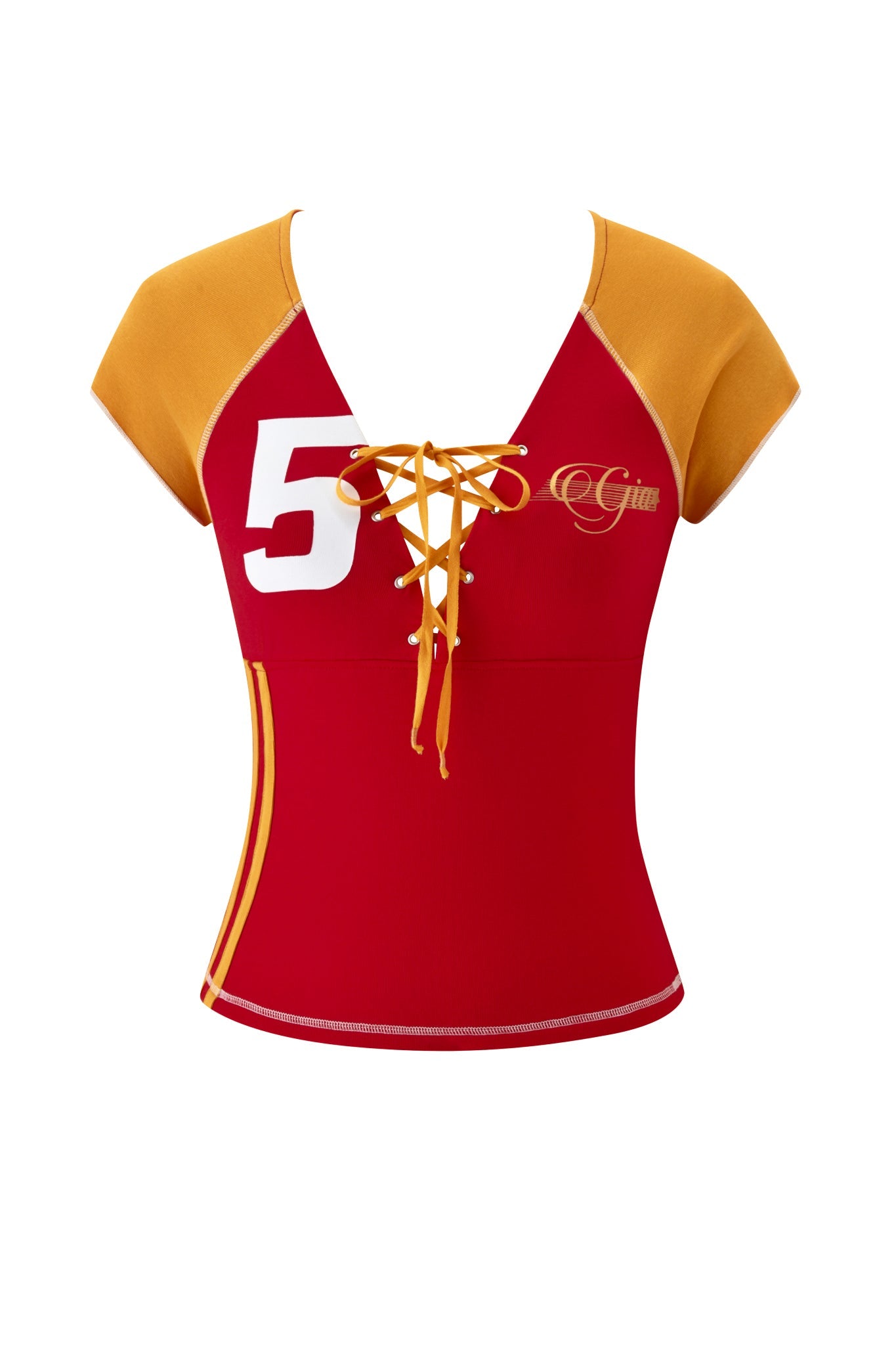 The I.AM.GIA NOVIA Lace-Up T-Shirt and Headband in red features a fitted, cropped design with a deep V-neck lace-up front and bold side stripes.