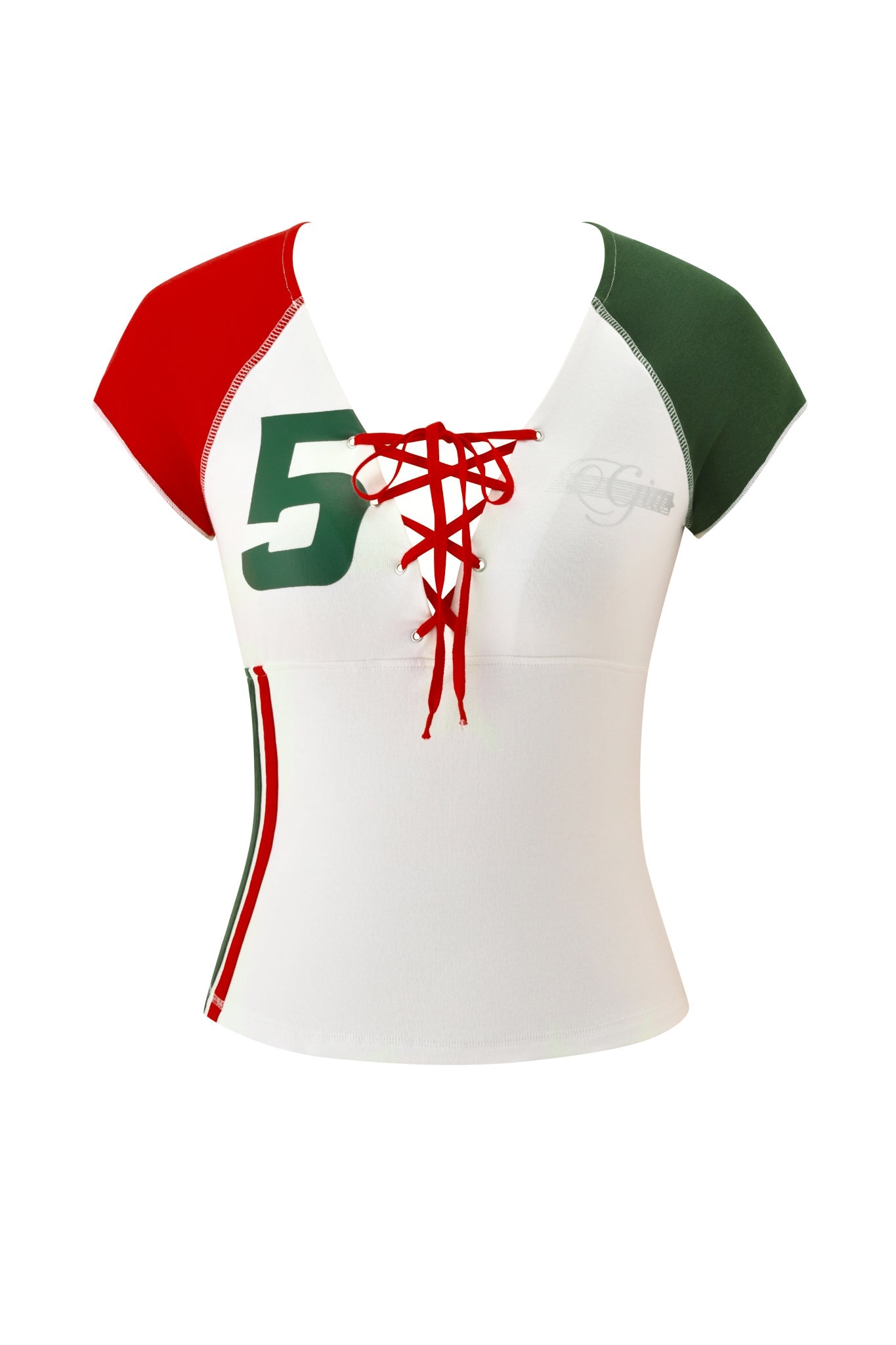 The I.AM.GIA NOVIA LACE-UP T-SHIRT AND HEADBAND – WHITE is a women’s fitted stretch cotton baby tee with red and green sleeves, a white body, lace-up chest detail, green number 5 front, and bold red-white-green vertical stripe.